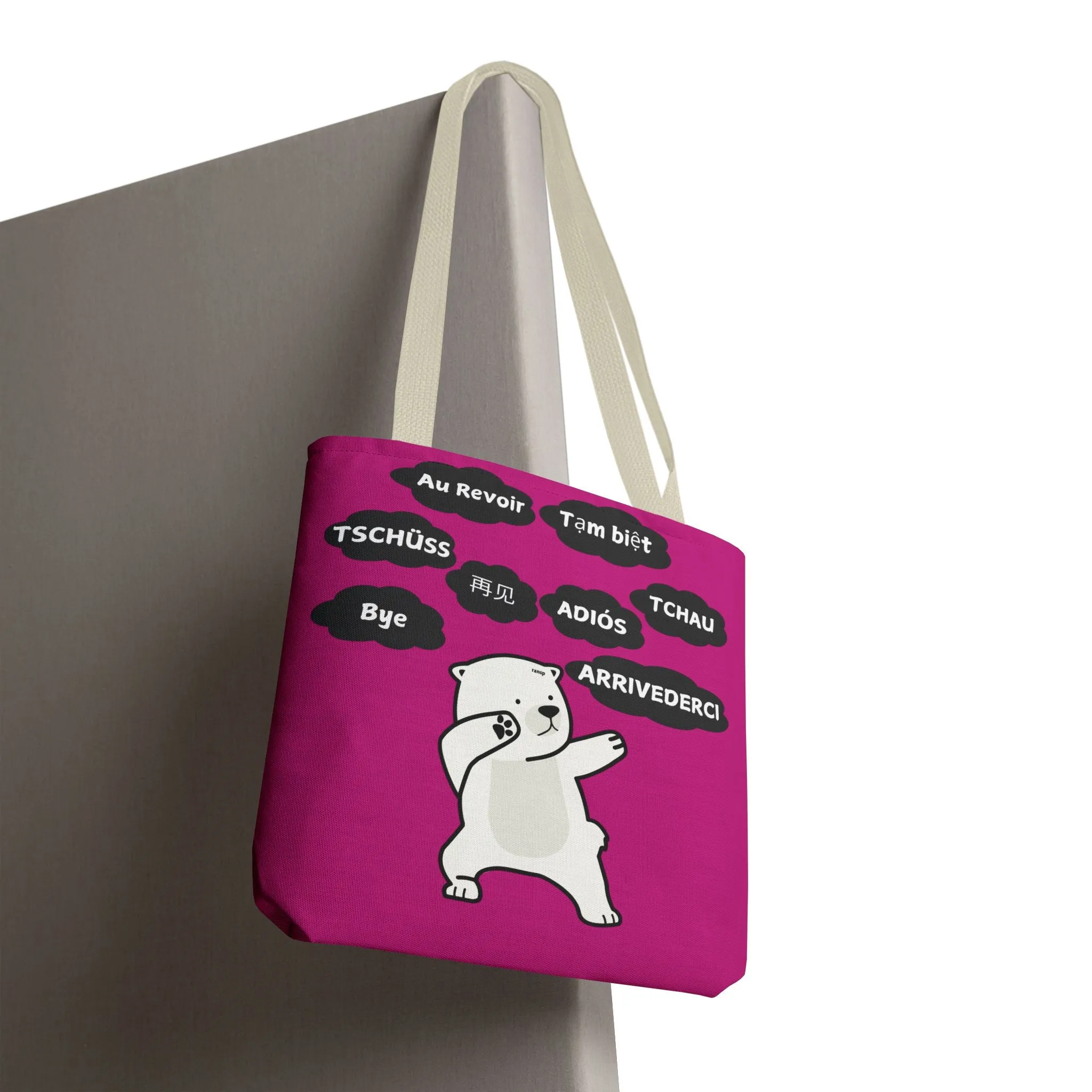 Pink Multilingual Farewell Tote Bag with Dancing Bear Design- Perfect for Friendship Gifts, Bag for Shopping, Everyday Shopping bag