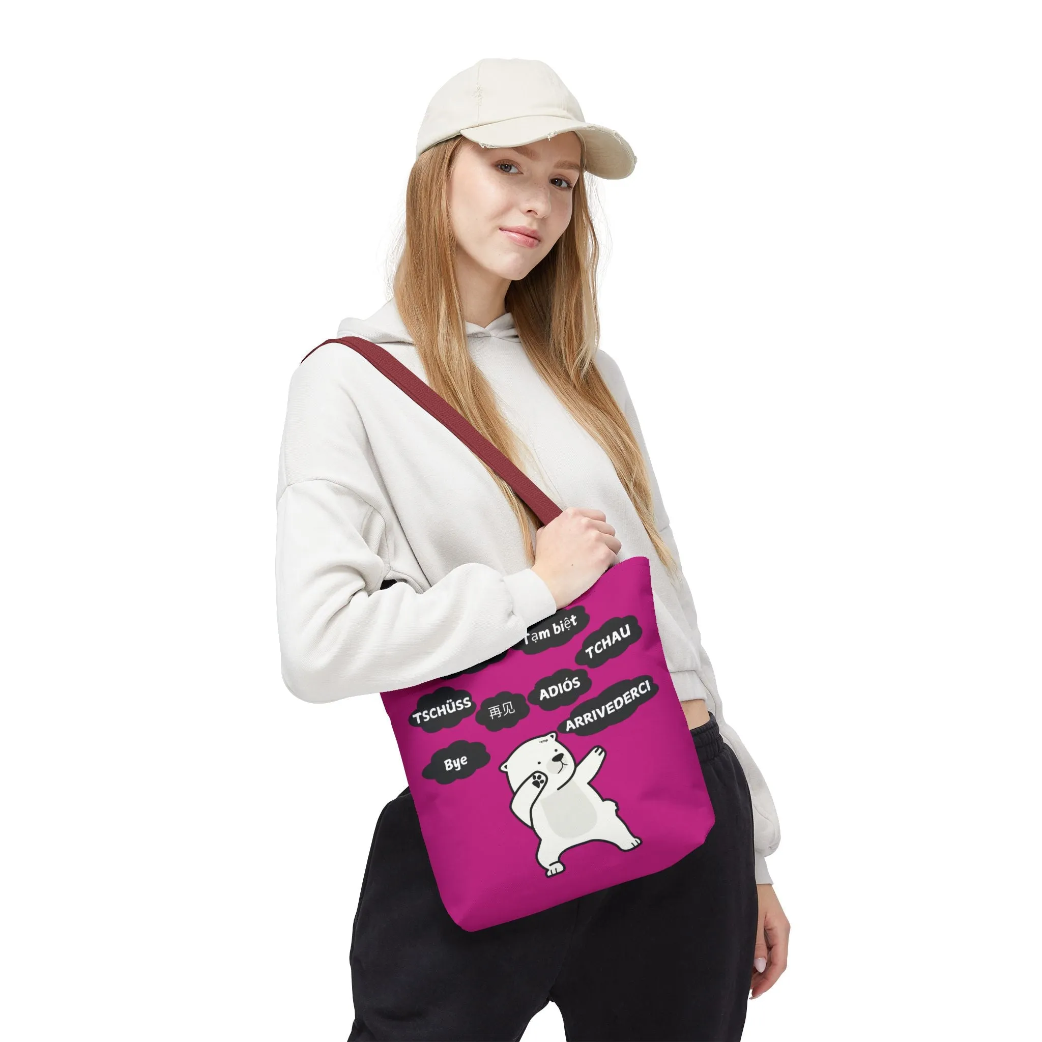 Pink Multilingual Farewell Tote Bag with Dancing Bear Design- Perfect for Friendship Gifts, Bag for Shopping, Everyday Shopping bag
