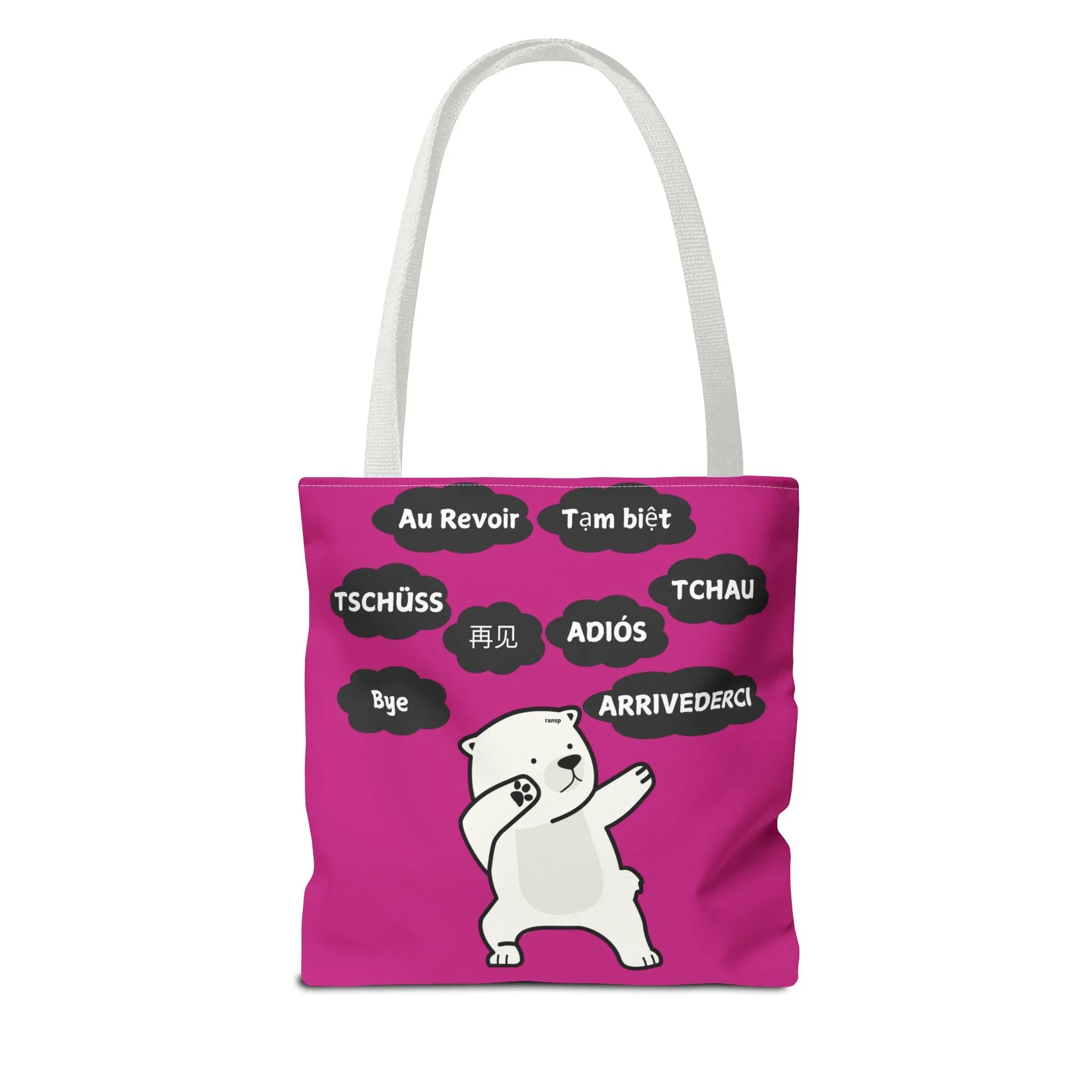 Pink Multilingual Farewell Tote Bag with Dancing Bear Design- Perfect for Friendship Gifts, Bag for Shopping, Everyday Shopping bag