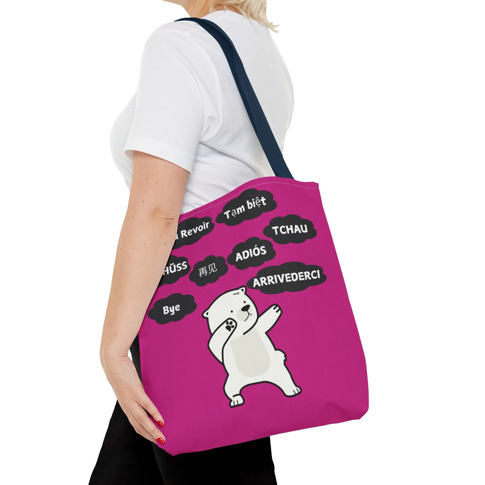 Pink Multilingual Farewell Tote Bag with Dancing Bear Design- Perfect for Friendship Gifts, Bag for Shopping, Everyday Shopping bag