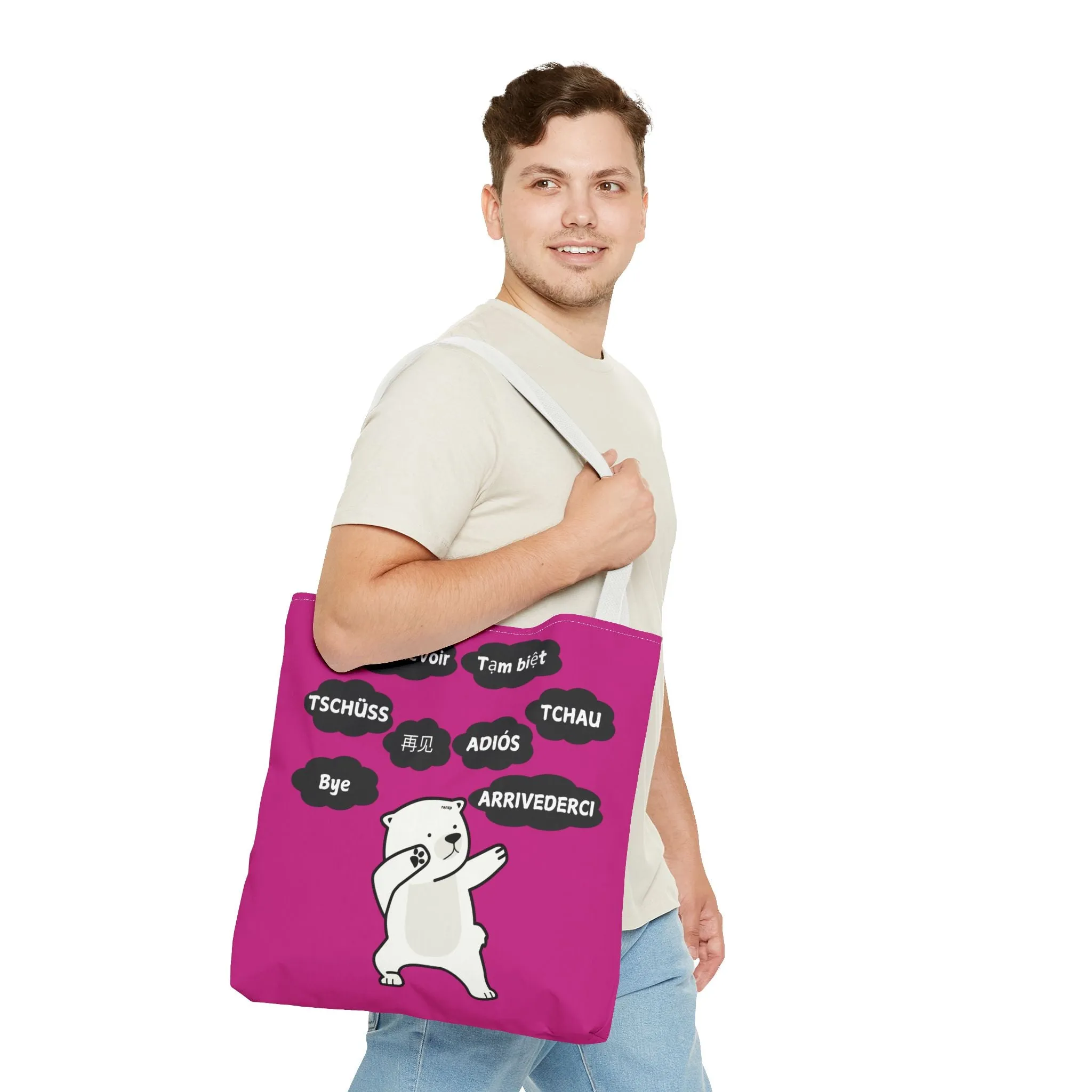 Pink Multilingual Farewell Tote Bag with Dancing Bear Design- Perfect for Friendship Gifts, Bag for Shopping, Everyday Shopping bag