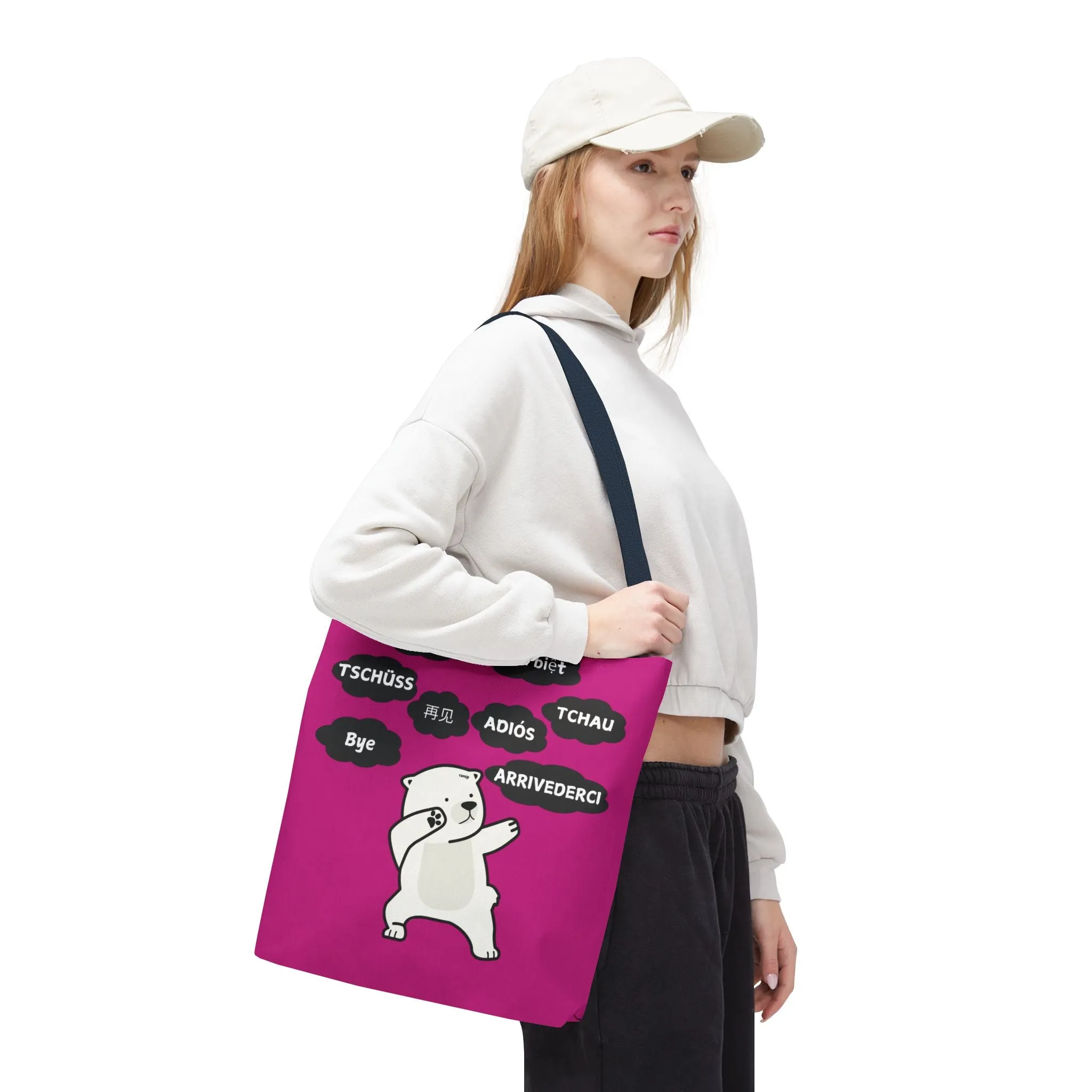 Pink Multilingual Farewell Tote Bag with Dancing Bear Design- Perfect for Friendship Gifts, Bag for Shopping, Everyday Shopping bag