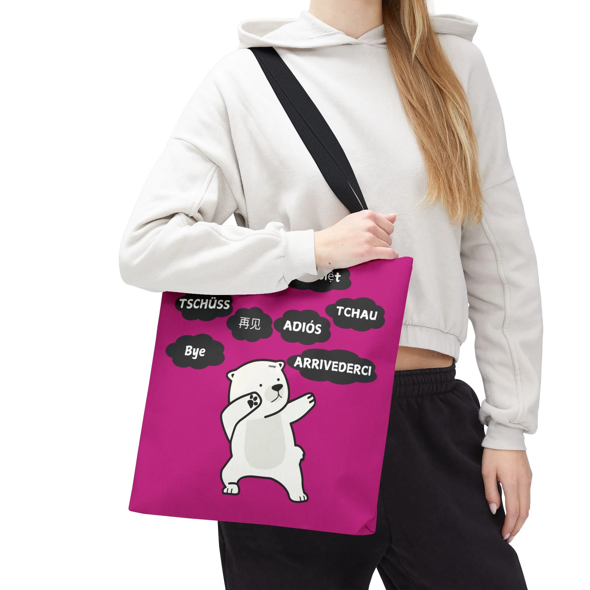 Pink Multilingual Farewell Tote Bag with Dancing Bear Design- Perfect for Friendship Gifts, Bag for Shopping, Everyday Shopping bag