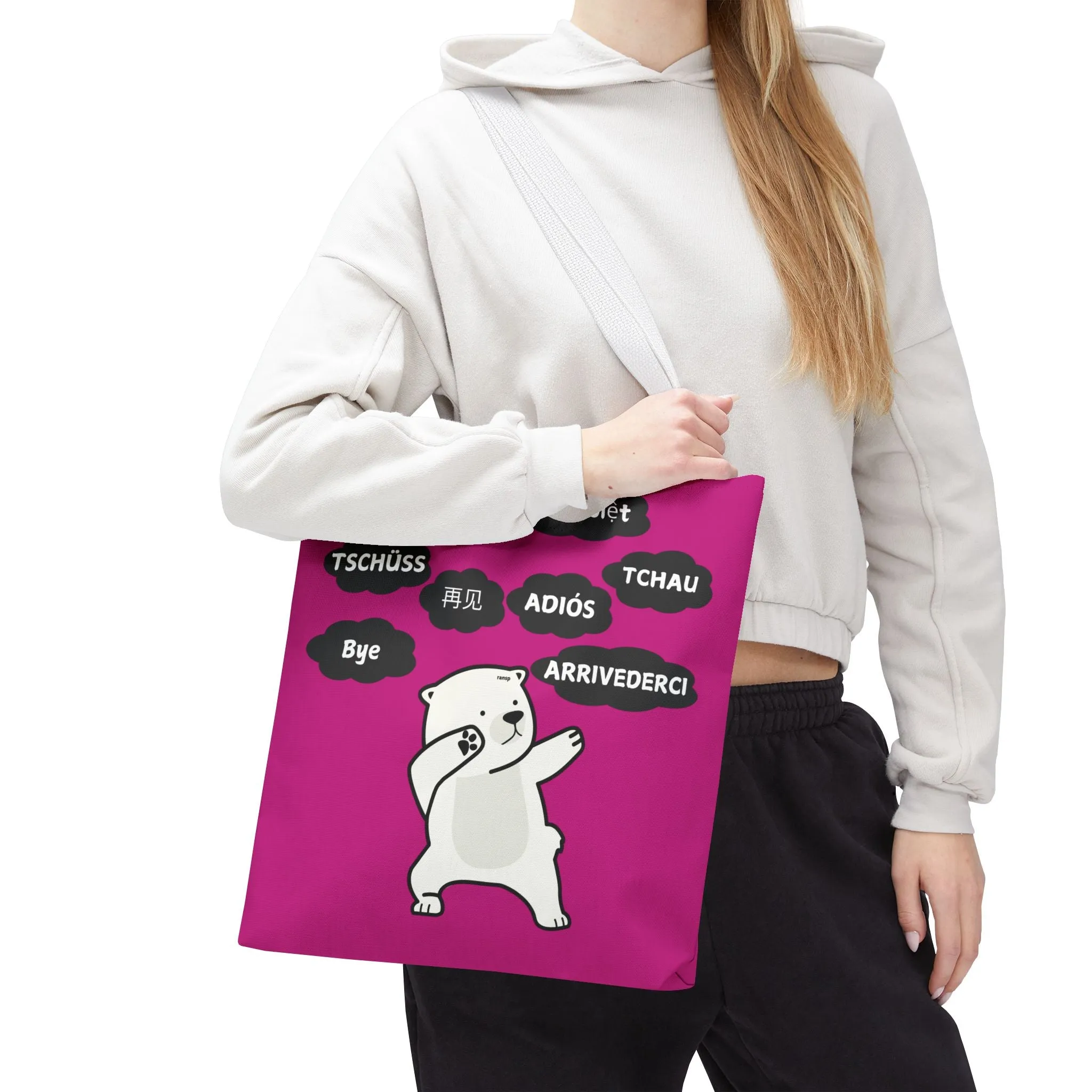 Pink Multilingual Farewell Tote Bag with Dancing Bear Design- Perfect for Friendship Gifts, Bag for Shopping, Everyday Shopping bag