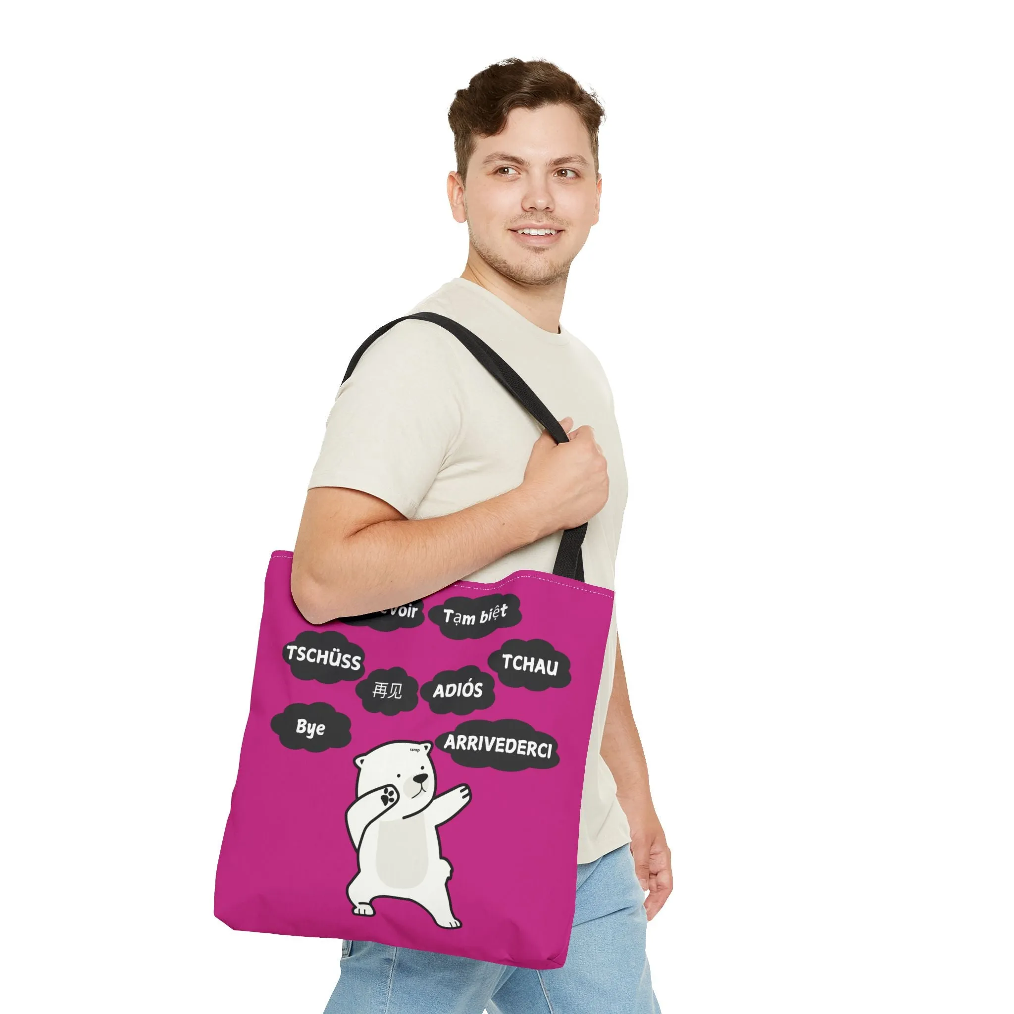 Pink Multilingual Farewell Tote Bag with Dancing Bear Design- Perfect for Friendship Gifts, Bag for Shopping, Everyday Shopping bag