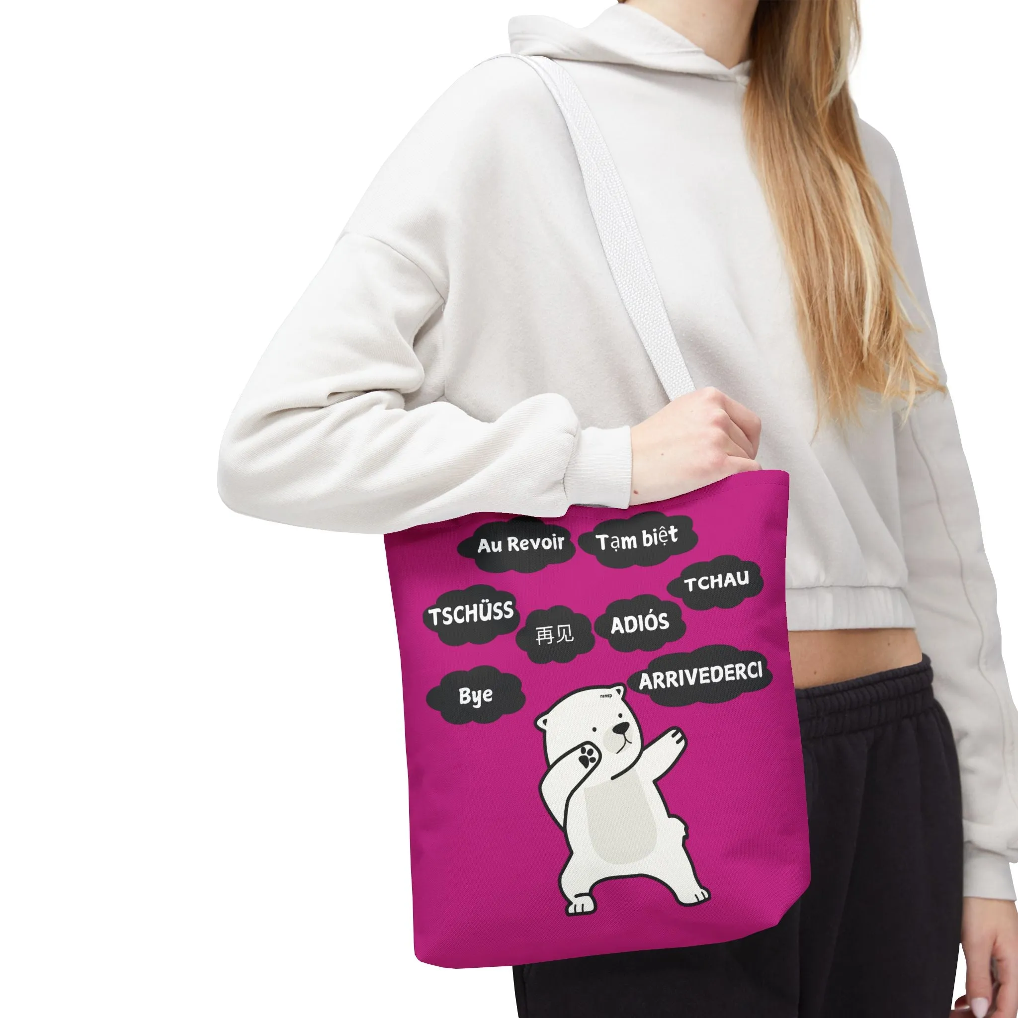 Pink Multilingual Farewell Tote Bag with Dancing Bear Design- Perfect for Friendship Gifts, Bag for Shopping, Everyday Shopping bag