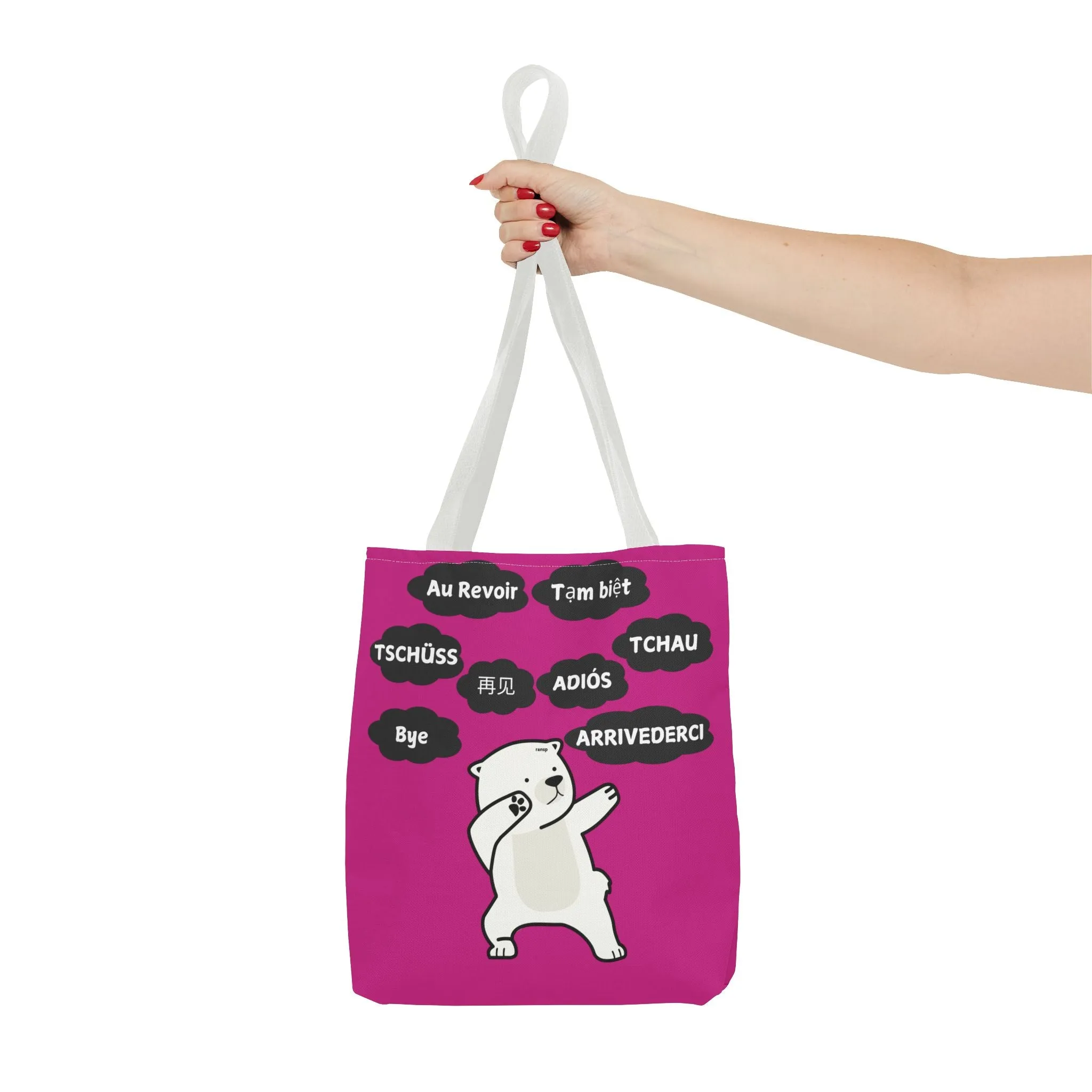 Pink Multilingual Farewell Tote Bag with Dancing Bear Design- Perfect for Friendship Gifts, Bag for Shopping, Everyday Shopping bag
