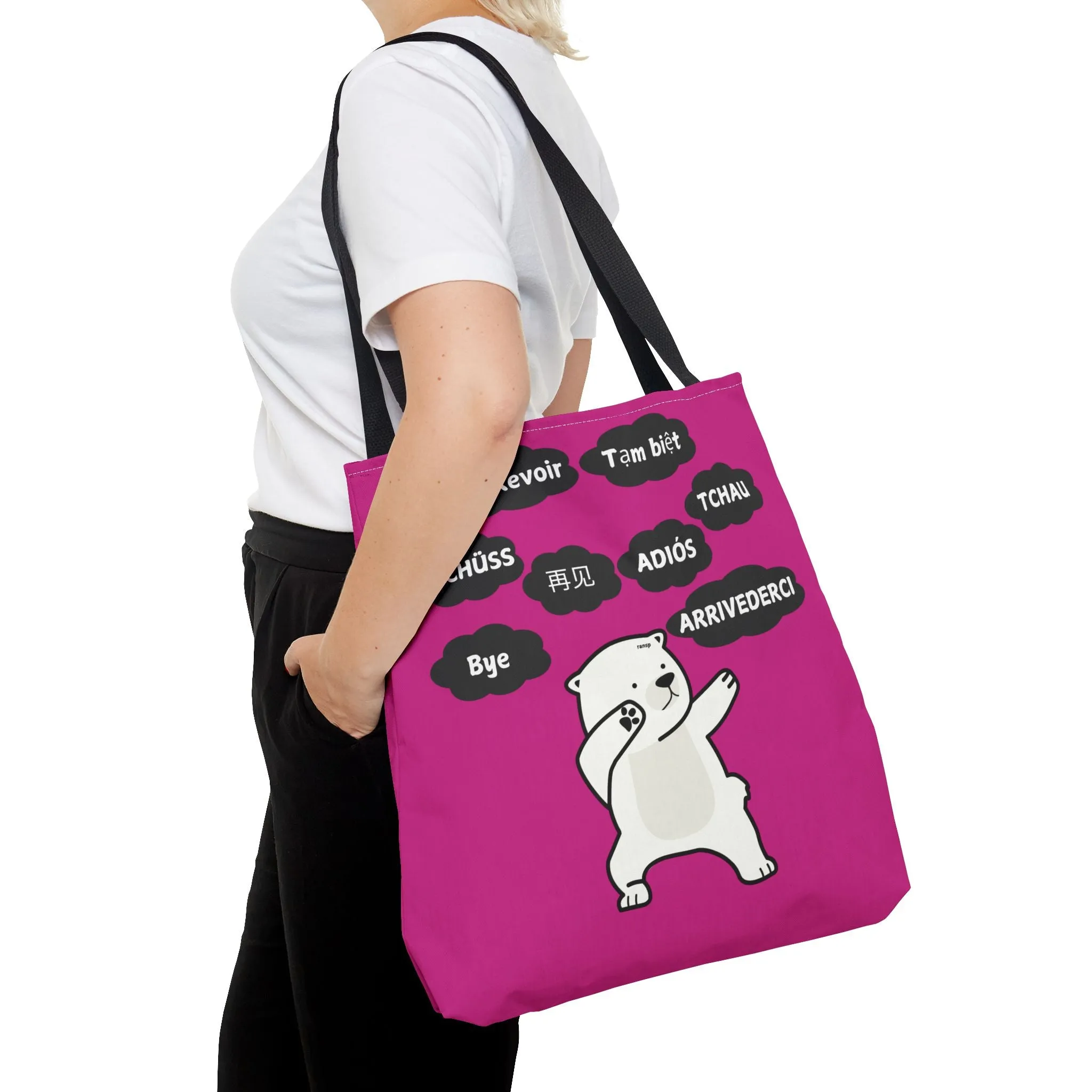 Pink Multilingual Farewell Tote Bag with Dancing Bear Design- Perfect for Friendship Gifts, Bag for Shopping, Everyday Shopping bag