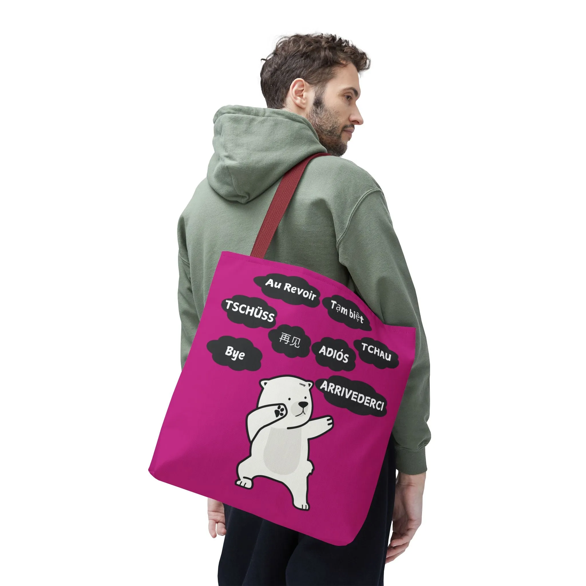Pink Multilingual Farewell Tote Bag with Dancing Bear Design- Perfect for Friendship Gifts, Bag for Shopping, Everyday Shopping bag