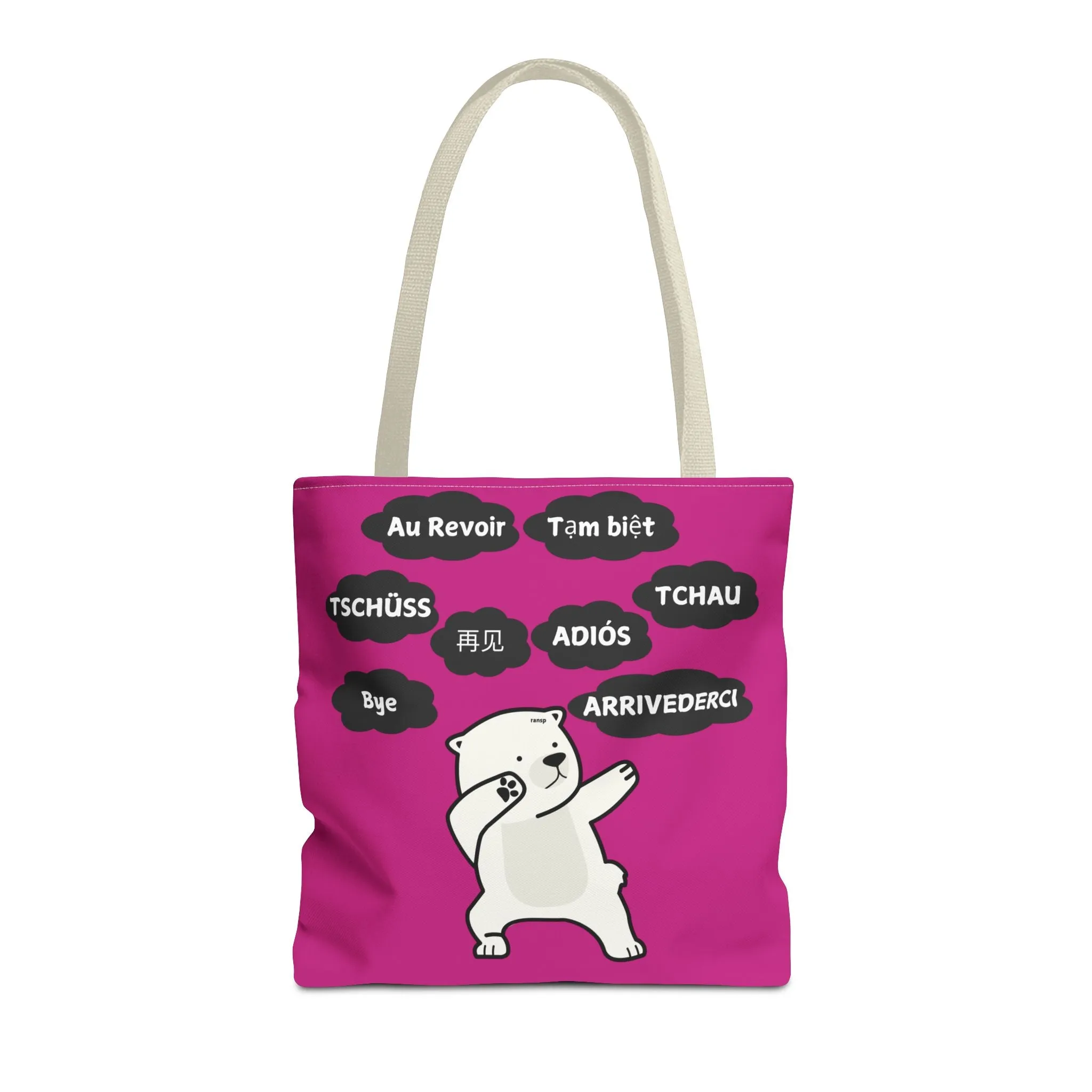 Pink Multilingual Farewell Tote Bag with Dancing Bear Design- Perfect for Friendship Gifts, Bag for Shopping, Everyday Shopping bag