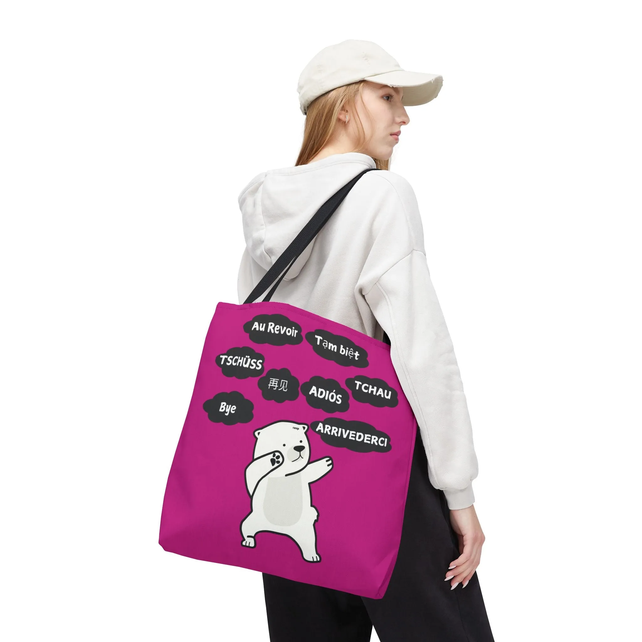 Pink Multilingual Farewell Tote Bag with Dancing Bear Design- Perfect for Friendship Gifts, Bag for Shopping, Everyday Shopping bag