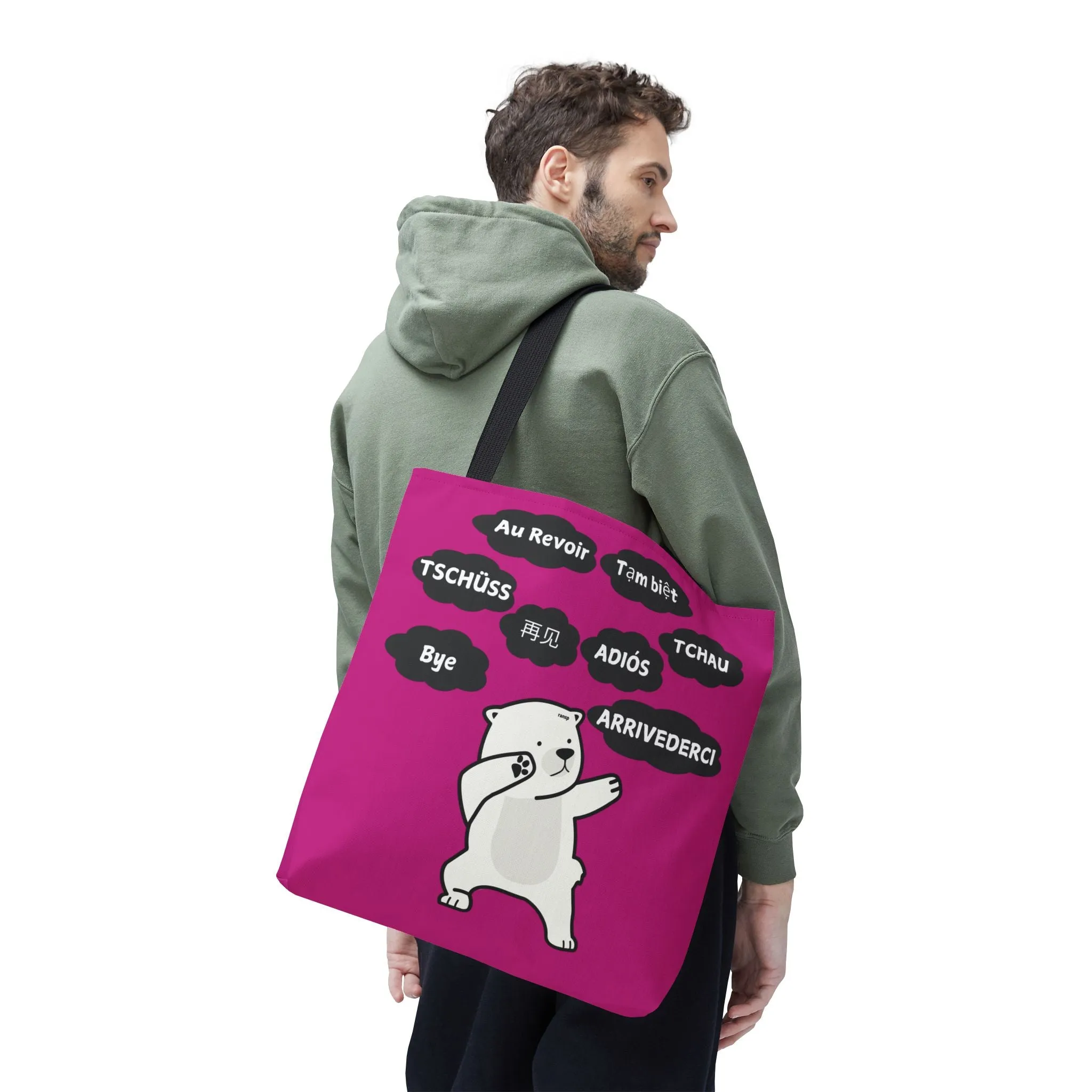 Pink Multilingual Farewell Tote Bag with Dancing Bear Design- Perfect for Friendship Gifts, Bag for Shopping, Everyday Shopping bag