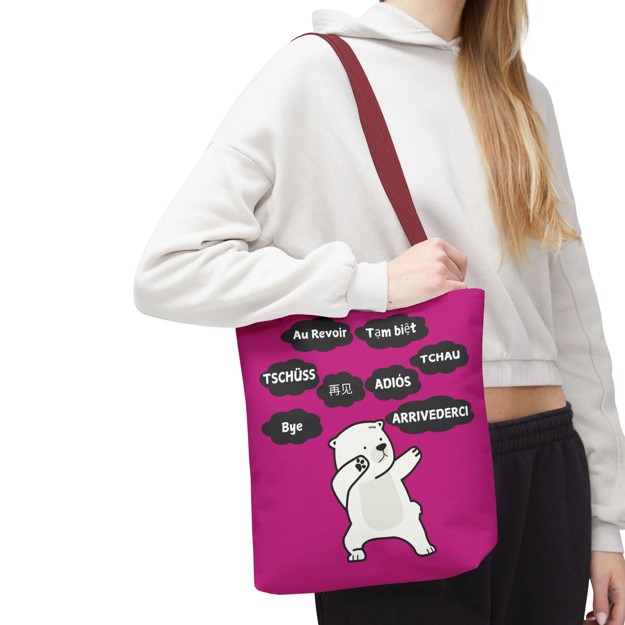 Pink Multilingual Farewell Tote Bag with Dancing Bear Design- Perfect for Friendship Gifts, Bag for Shopping, Everyday Shopping bag