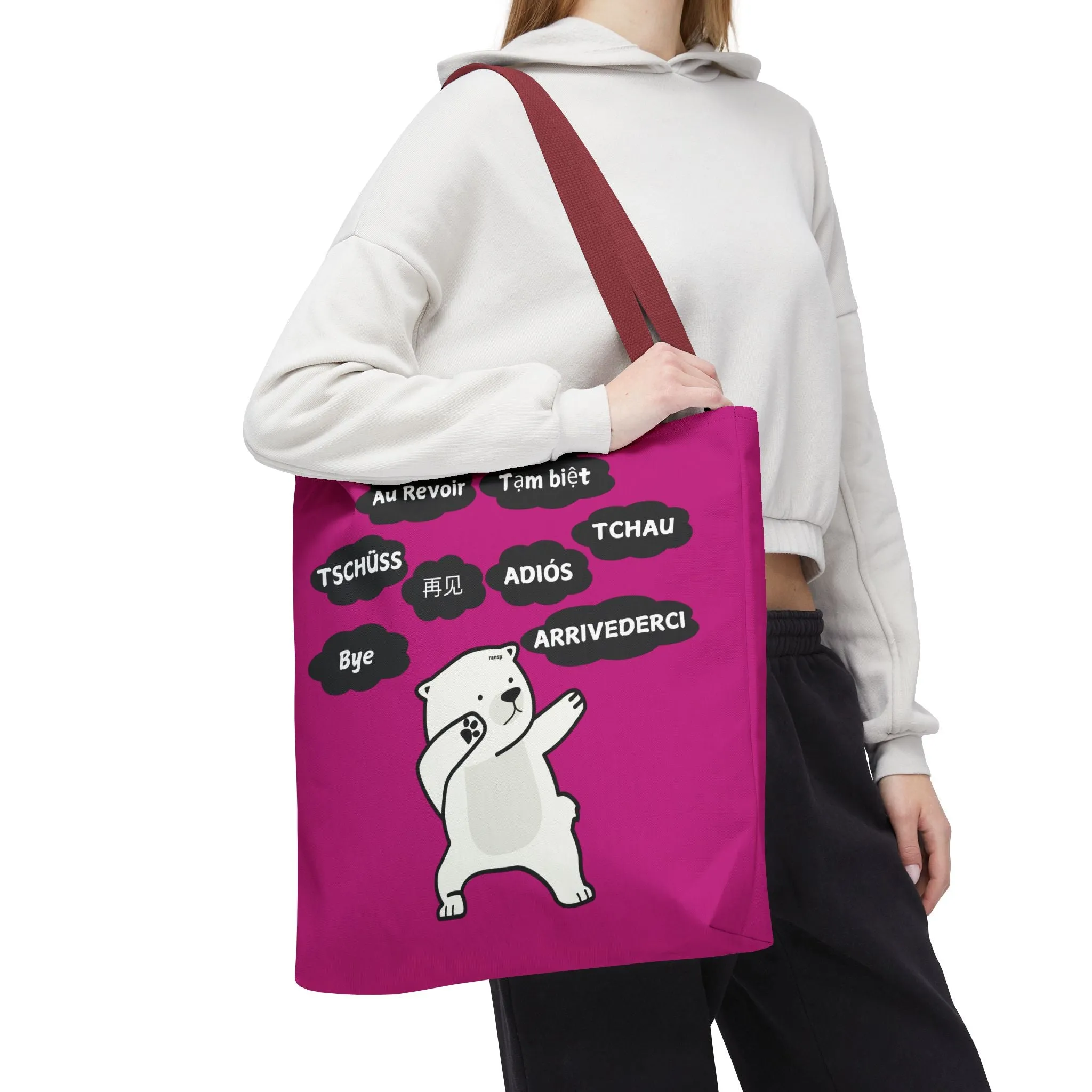 Pink Multilingual Farewell Tote Bag with Dancing Bear Design- Perfect for Friendship Gifts, Bag for Shopping, Everyday Shopping bag