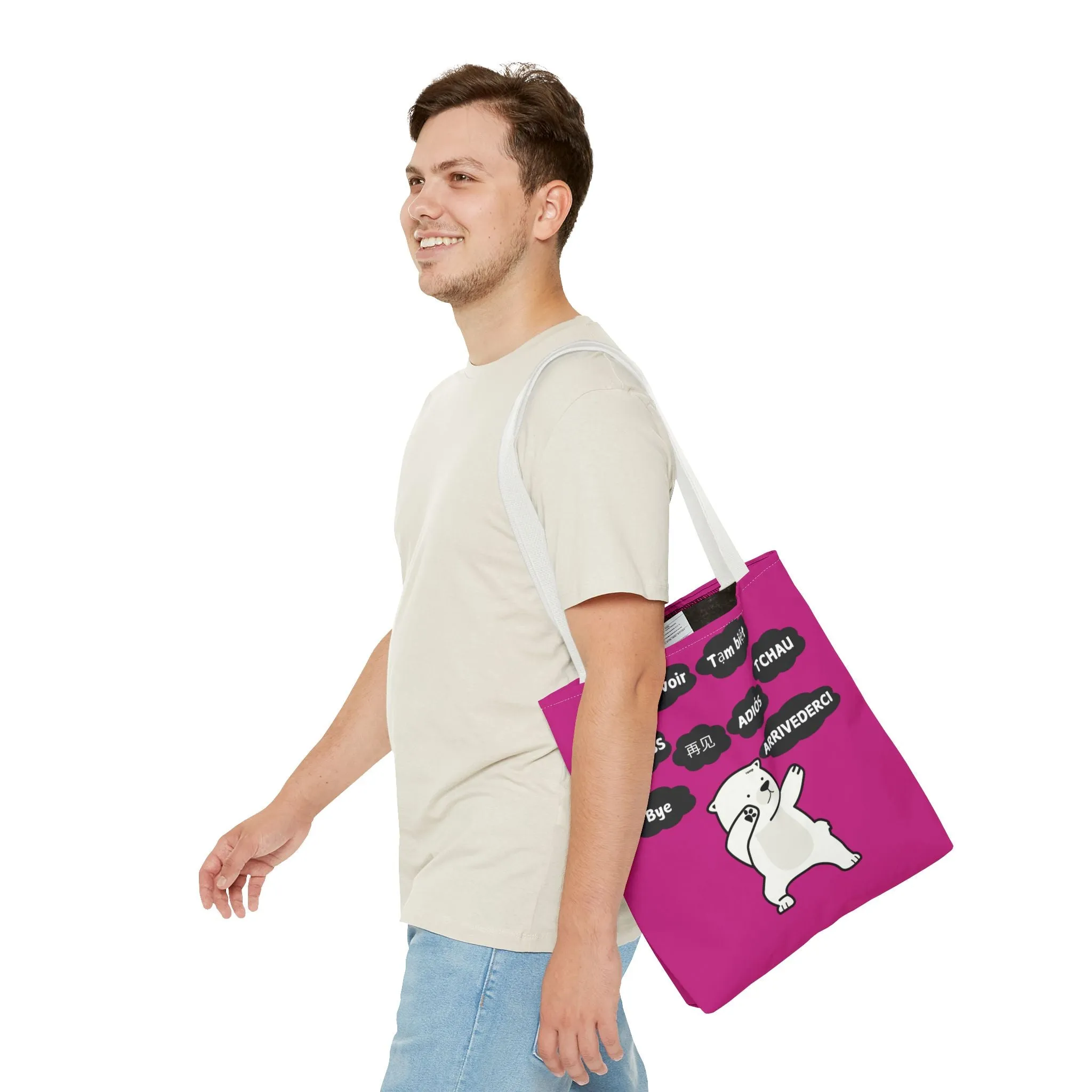 Pink Multilingual Farewell Tote Bag with Dancing Bear Design- Perfect for Friendship Gifts, Bag for Shopping, Everyday Shopping bag