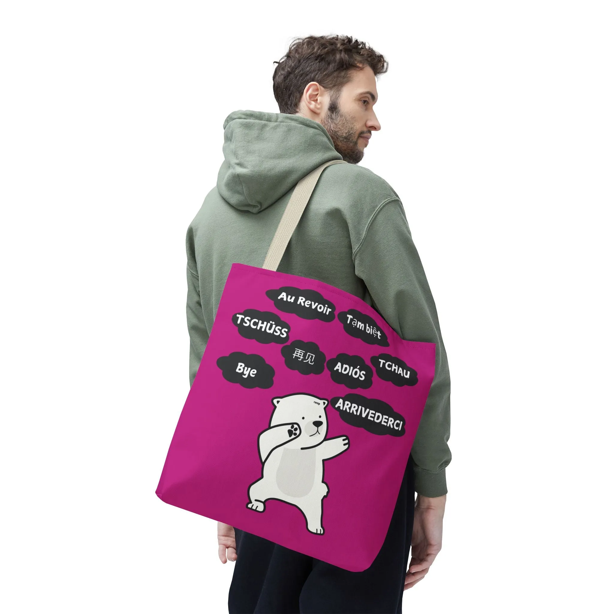Pink Multilingual Farewell Tote Bag with Dancing Bear Design- Perfect for Friendship Gifts, Bag for Shopping, Everyday Shopping bag