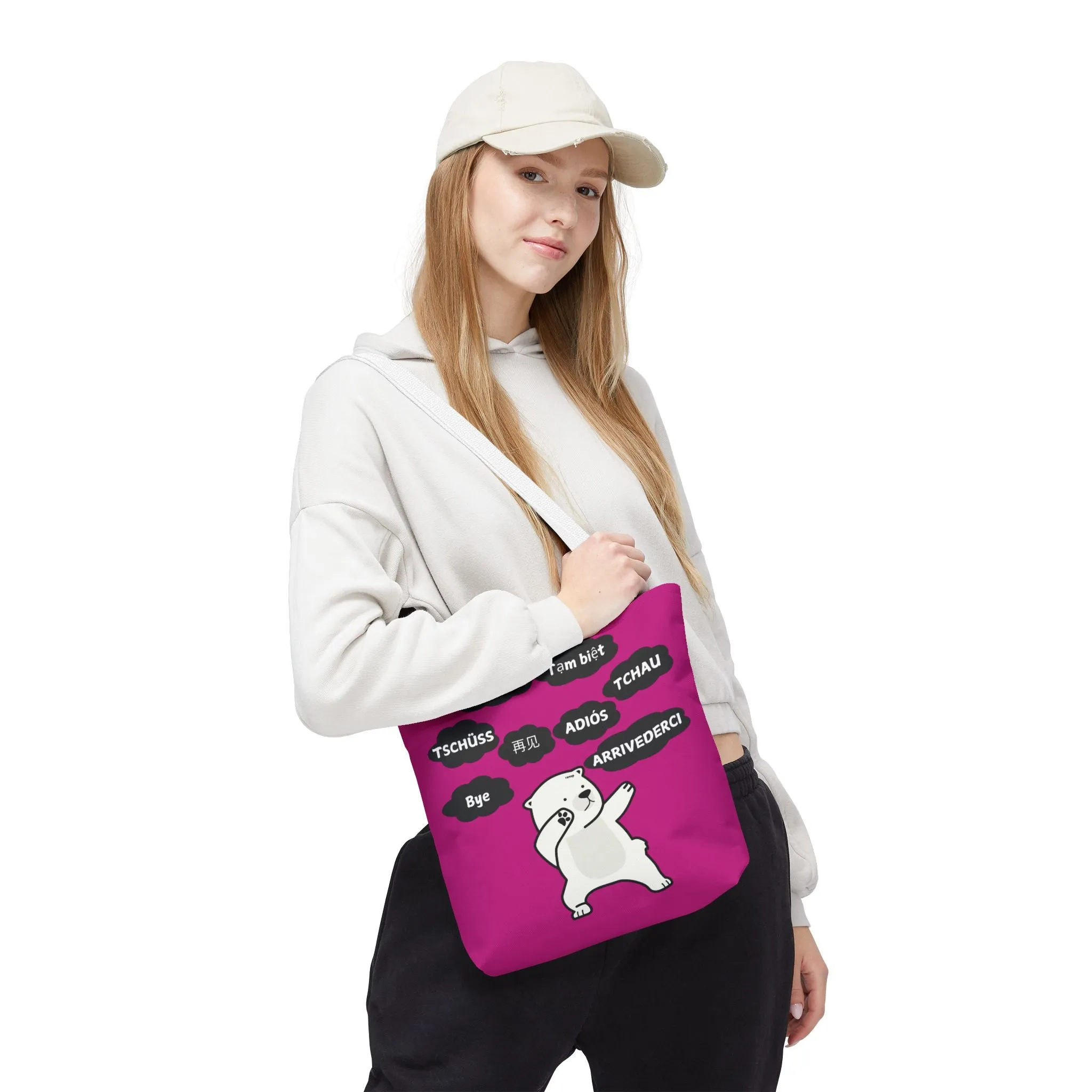 Pink Multilingual Farewell Tote Bag with Dancing Bear Design- Perfect for Friendship Gifts, Bag for Shopping, Everyday Shopping bag