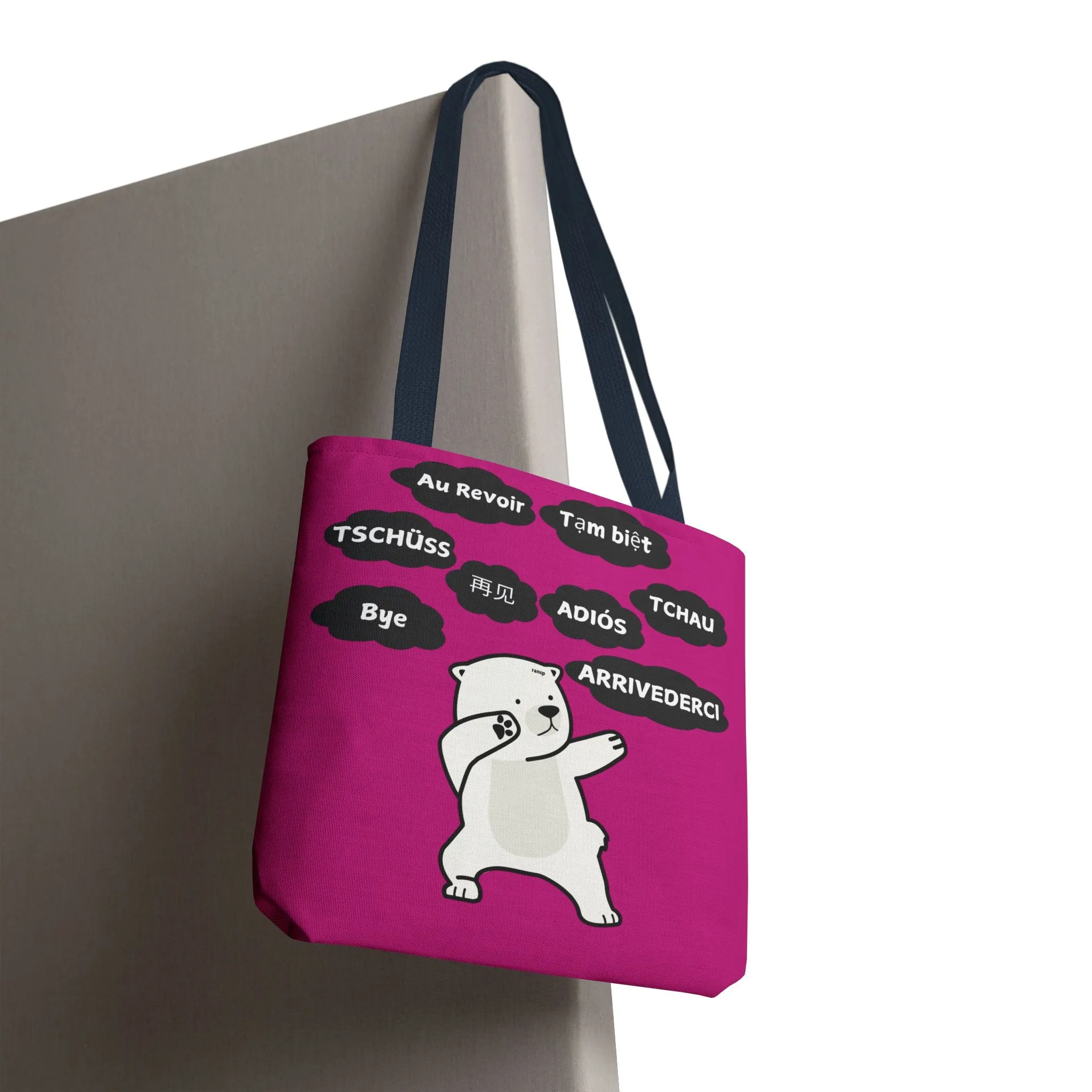 Pink Multilingual Farewell Tote Bag with Dancing Bear Design- Perfect for Friendship Gifts, Bag for Shopping, Everyday Shopping bag