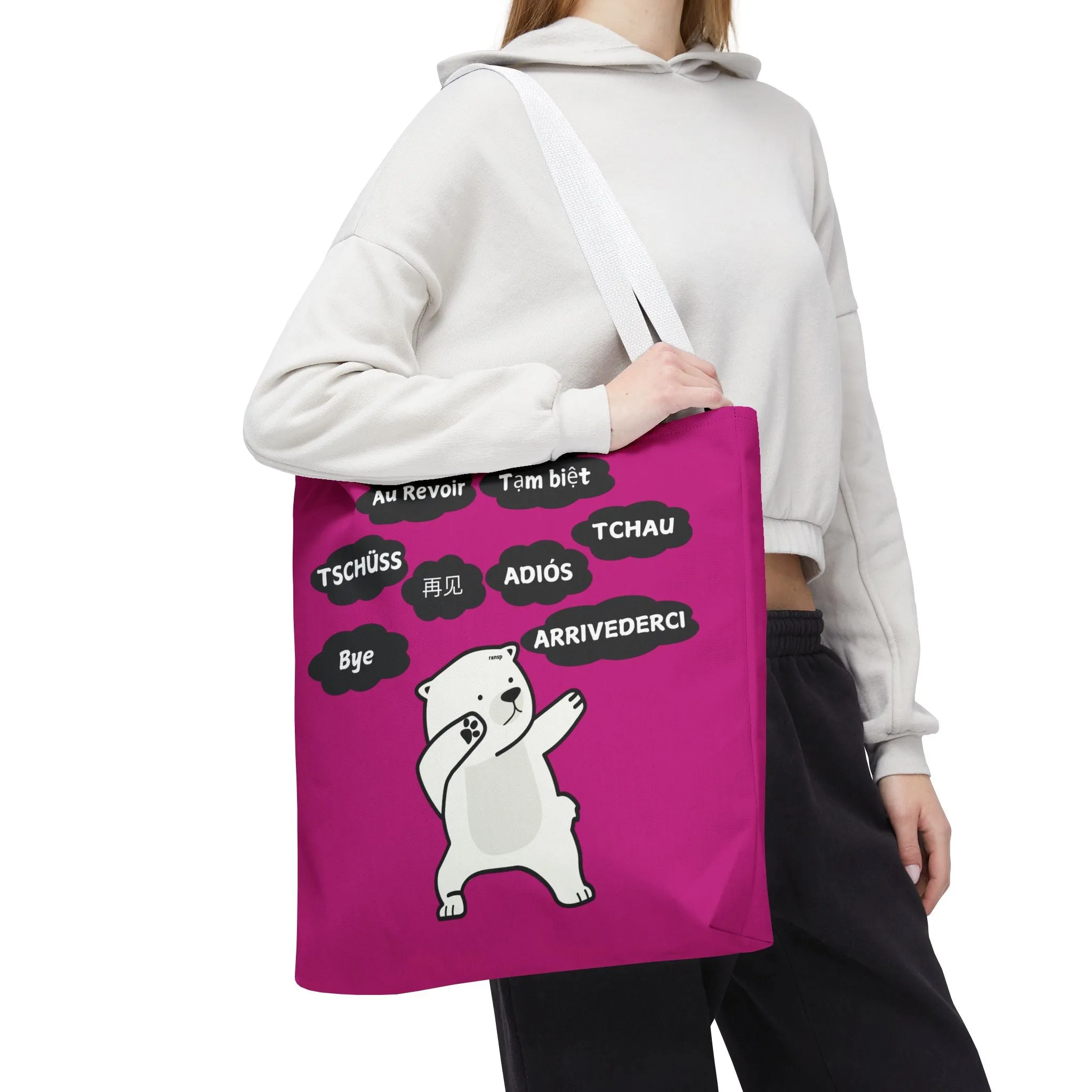 Pink Multilingual Farewell Tote Bag with Dancing Bear Design- Perfect for Friendship Gifts, Bag for Shopping, Everyday Shopping bag