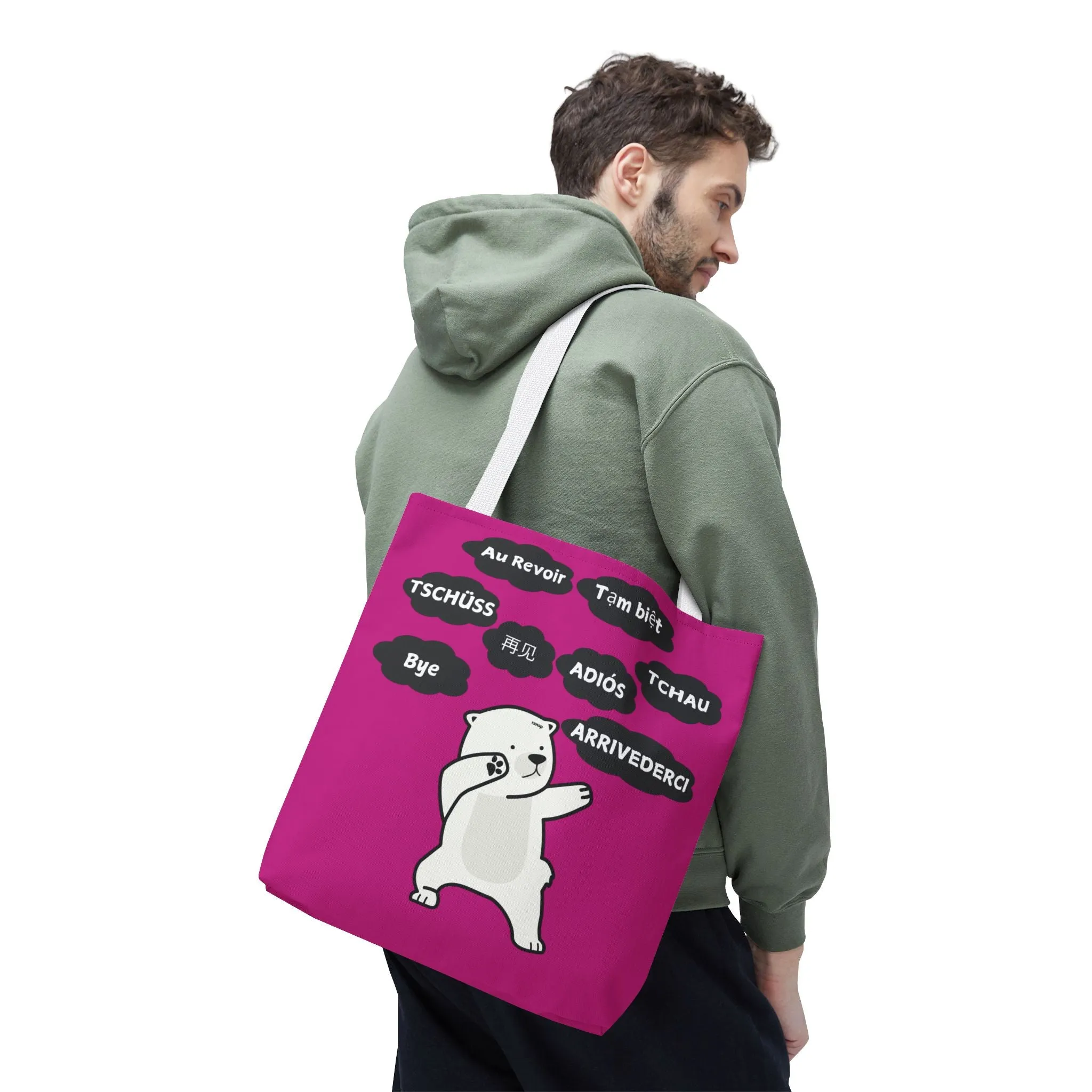 Pink Multilingual Farewell Tote Bag with Dancing Bear Design- Perfect for Friendship Gifts, Bag for Shopping, Everyday Shopping bag