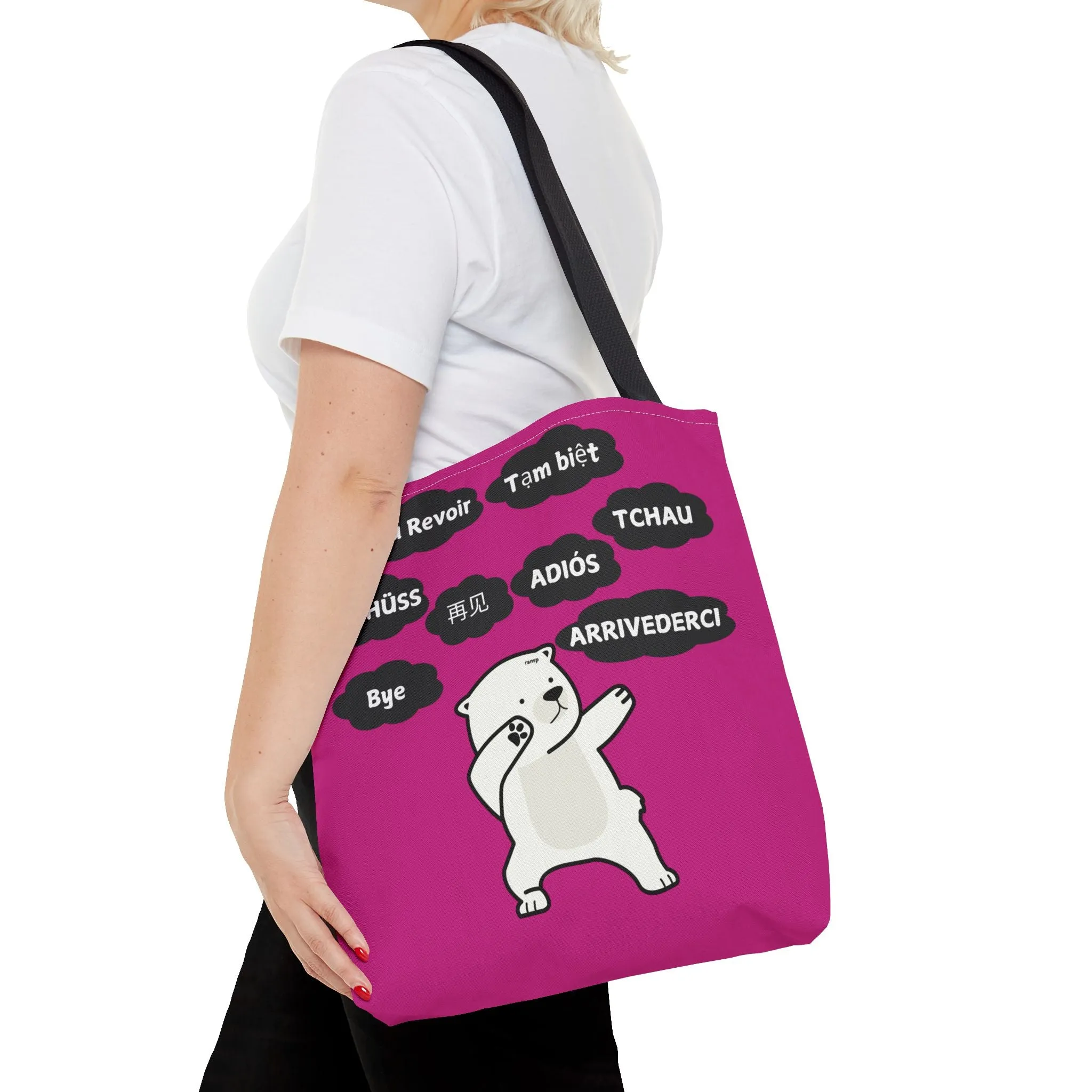 Pink Multilingual Farewell Tote Bag with Dancing Bear Design- Perfect for Friendship Gifts, Bag for Shopping, Everyday Shopping bag