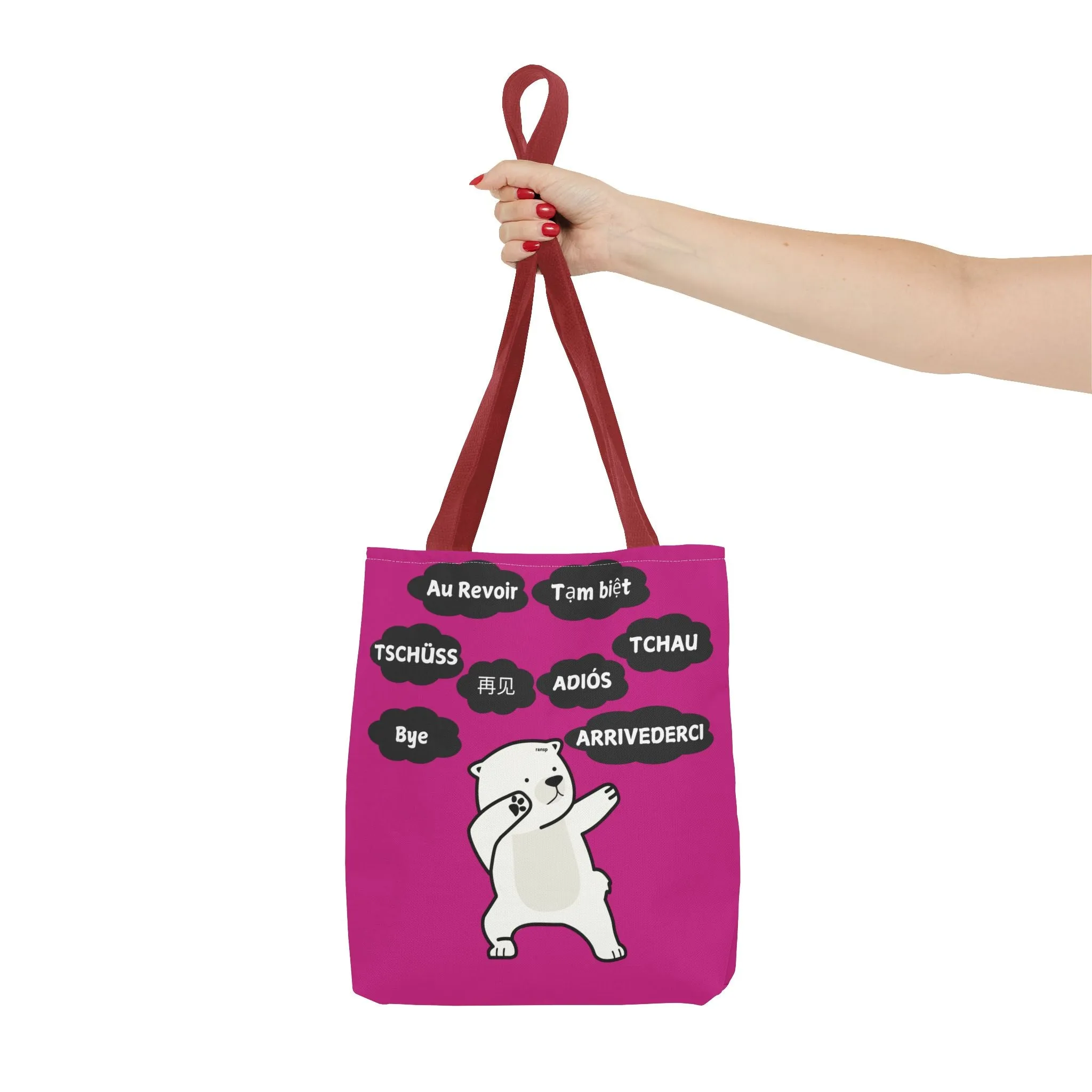 Pink Multilingual Farewell Tote Bag with Dancing Bear Design- Perfect for Friendship Gifts, Bag for Shopping, Everyday Shopping bag