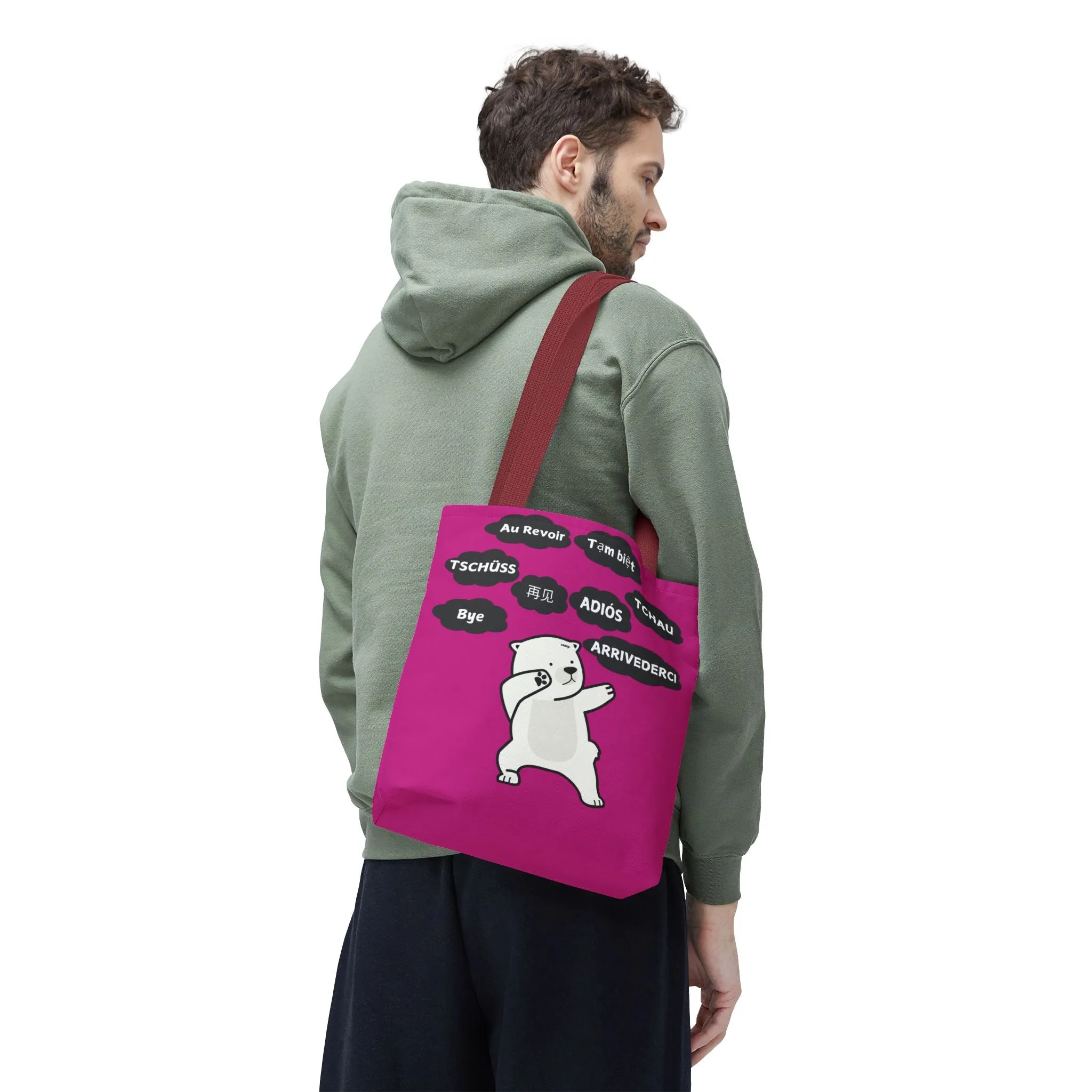 Pink Multilingual Farewell Tote Bag with Dancing Bear Design- Perfect for Friendship Gifts, Bag for Shopping, Everyday Shopping bag