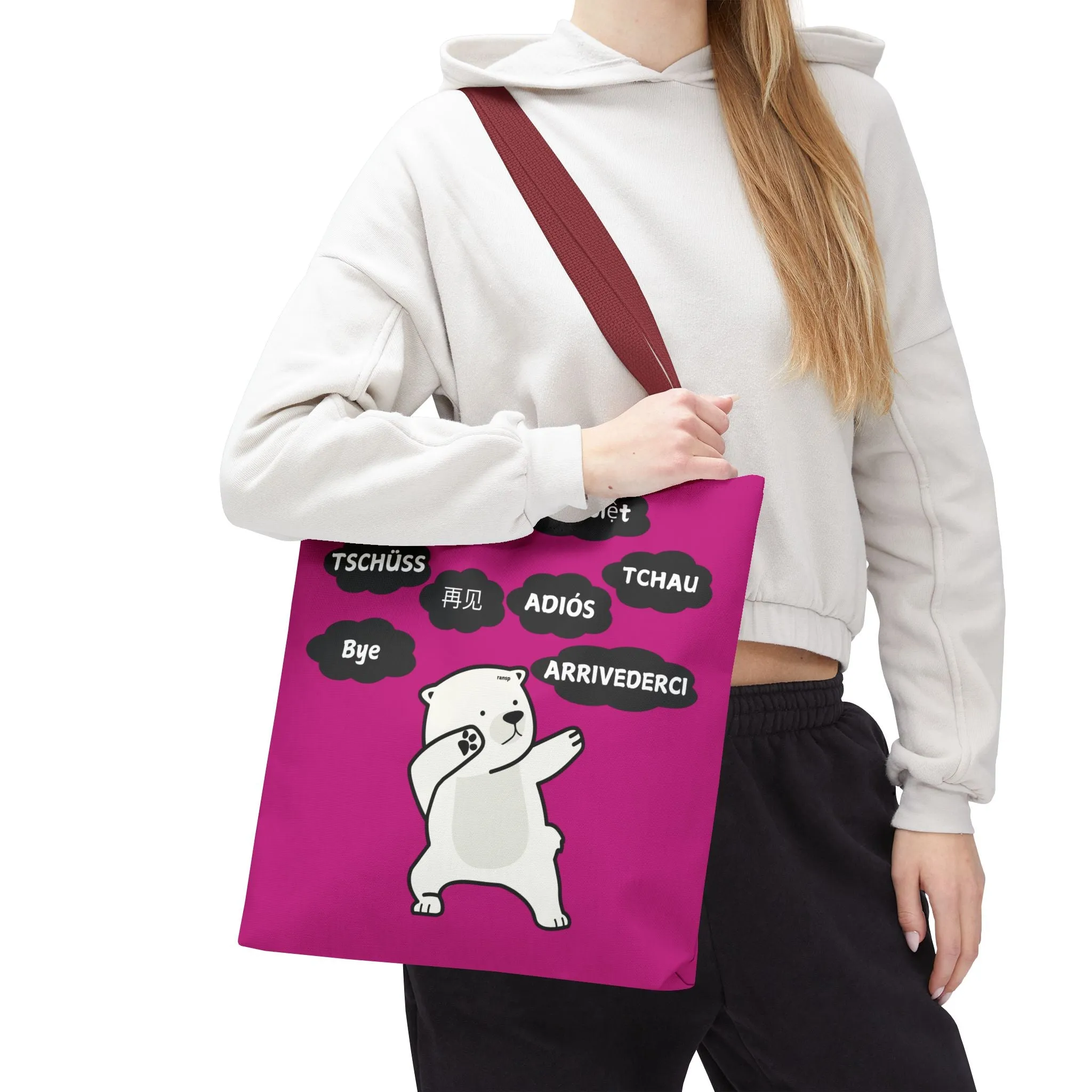 Pink Multilingual Farewell Tote Bag with Dancing Bear Design- Perfect for Friendship Gifts, Bag for Shopping, Everyday Shopping bag