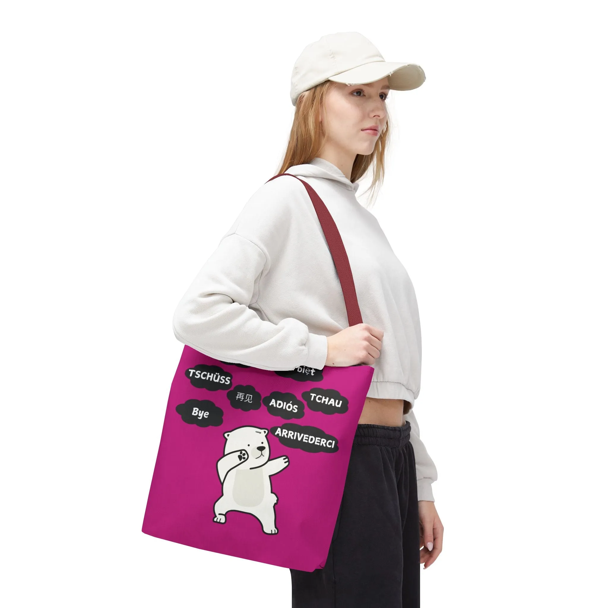 Pink Multilingual Farewell Tote Bag with Dancing Bear Design- Perfect for Friendship Gifts, Bag for Shopping, Everyday Shopping bag