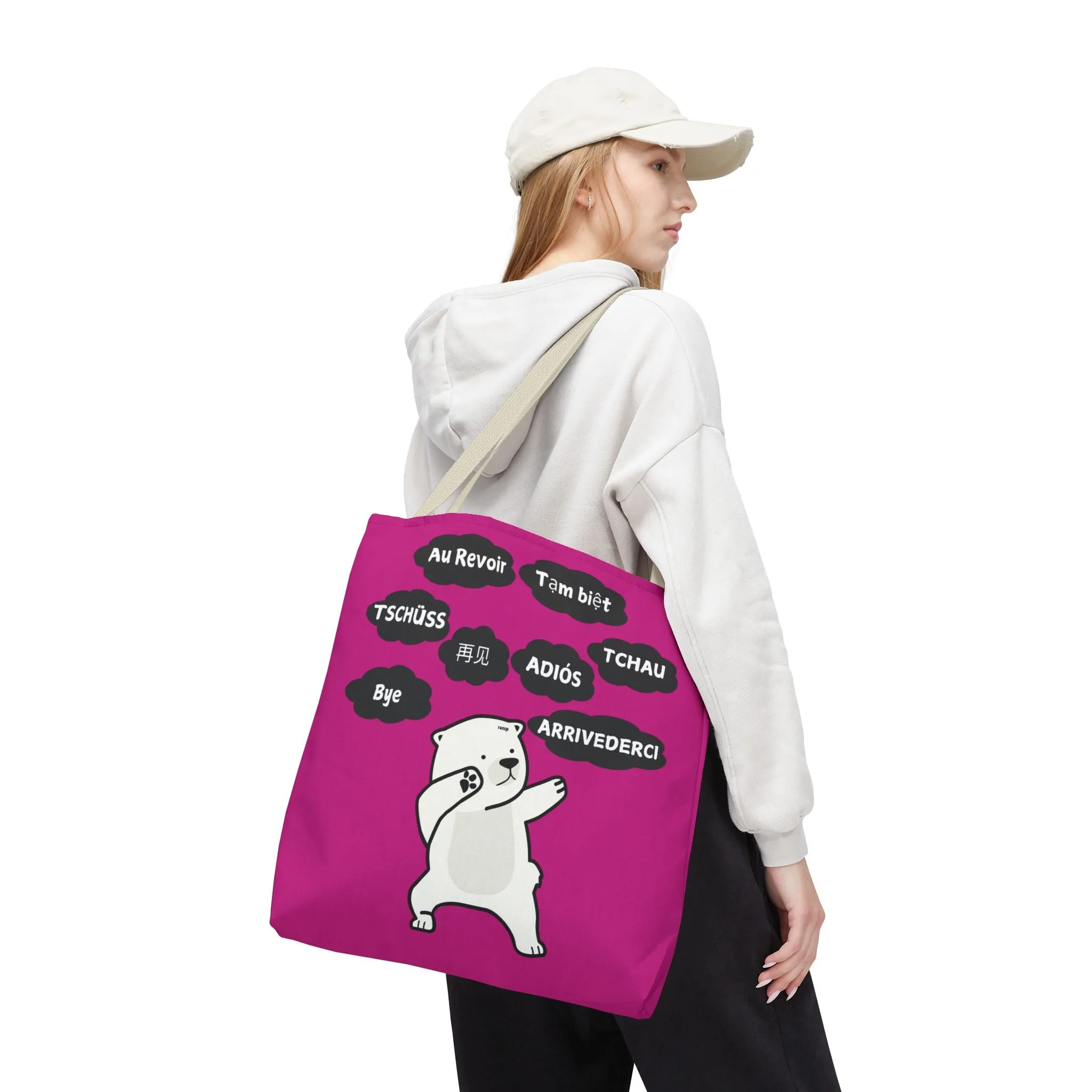 Pink Multilingual Farewell Tote Bag with Dancing Bear Design- Perfect for Friendship Gifts, Bag for Shopping, Everyday Shopping bag