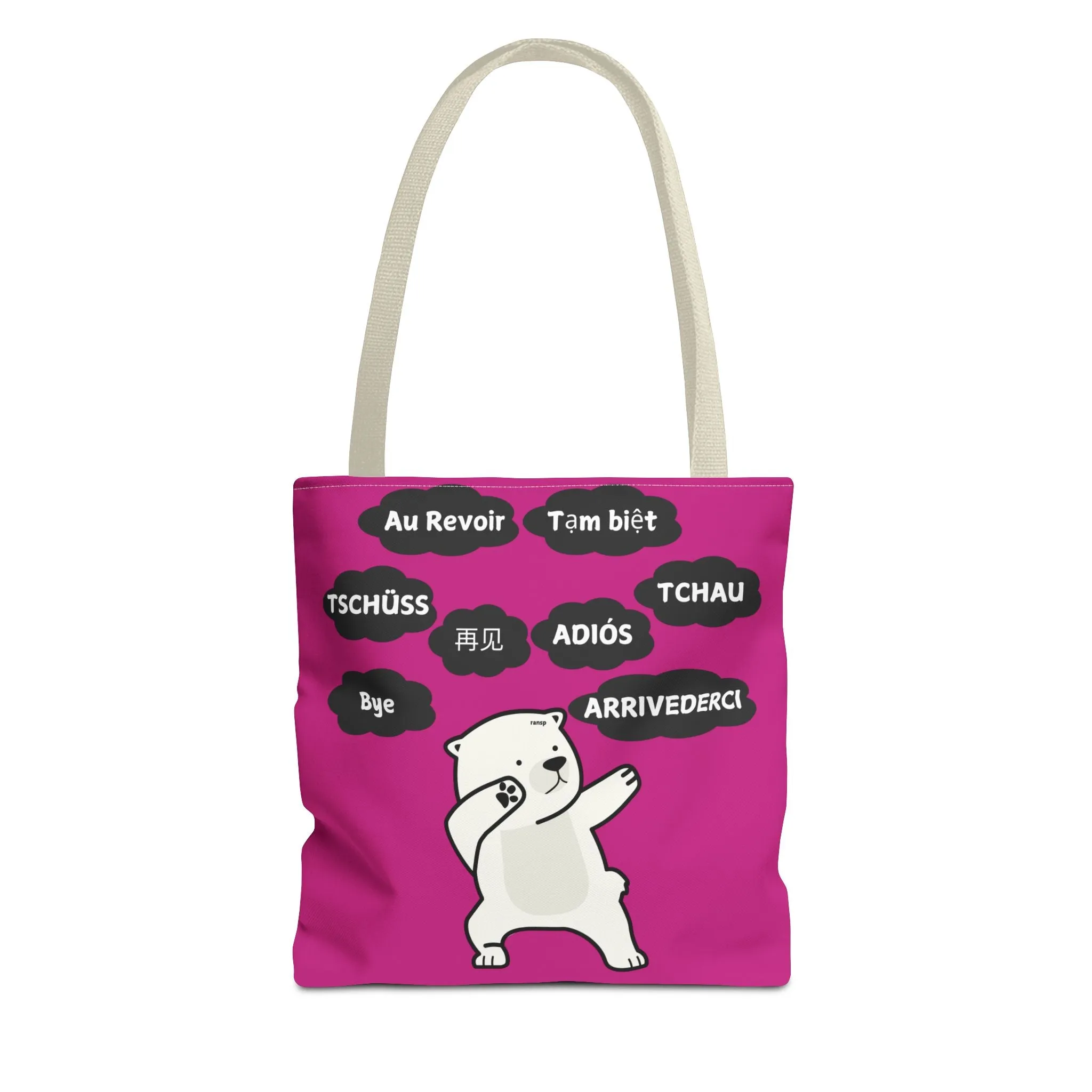 Pink Multilingual Farewell Tote Bag with Dancing Bear Design- Perfect for Friendship Gifts, Bag for Shopping, Everyday Shopping bag