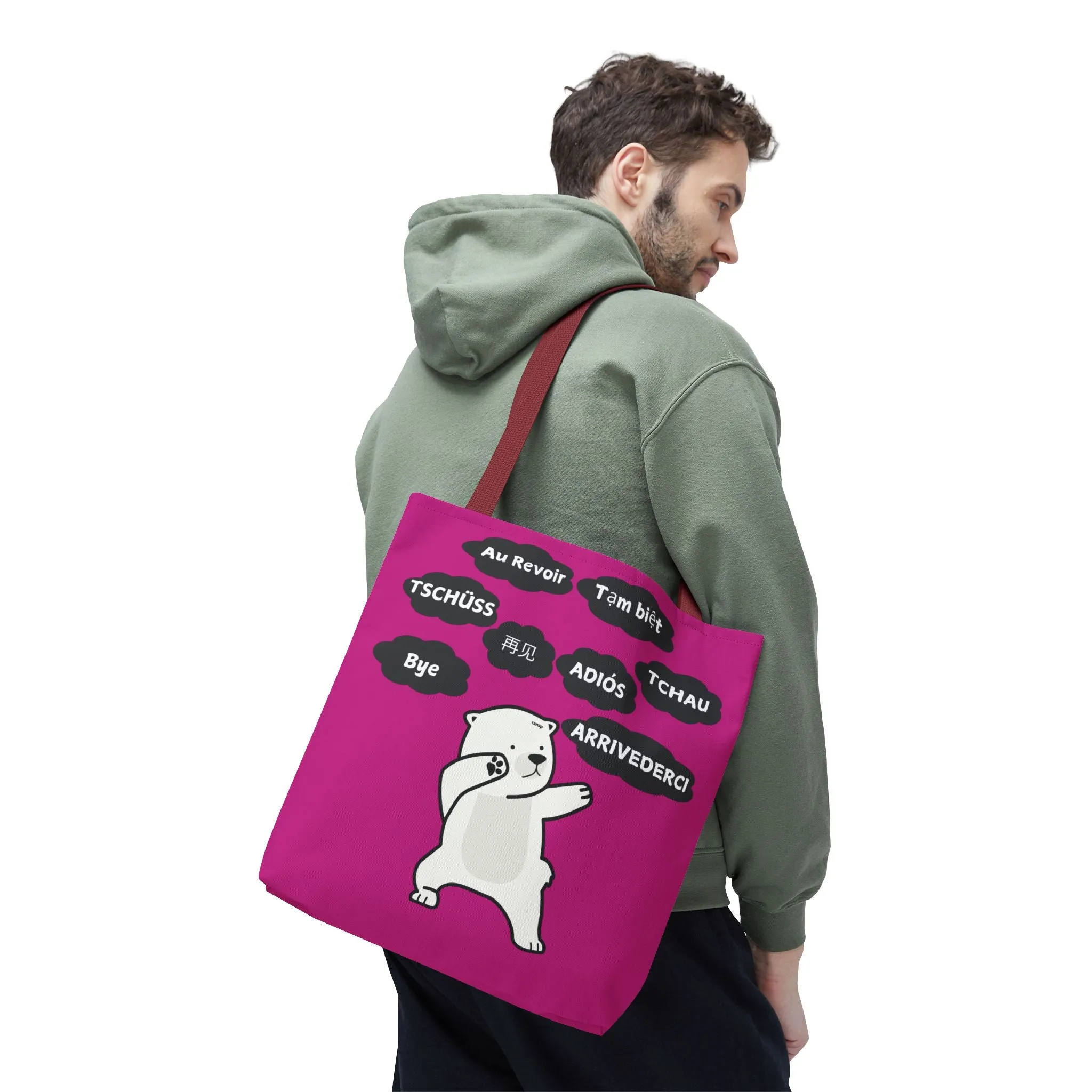 Pink Multilingual Farewell Tote Bag with Dancing Bear Design- Perfect for Friendship Gifts, Bag for Shopping, Everyday Shopping bag