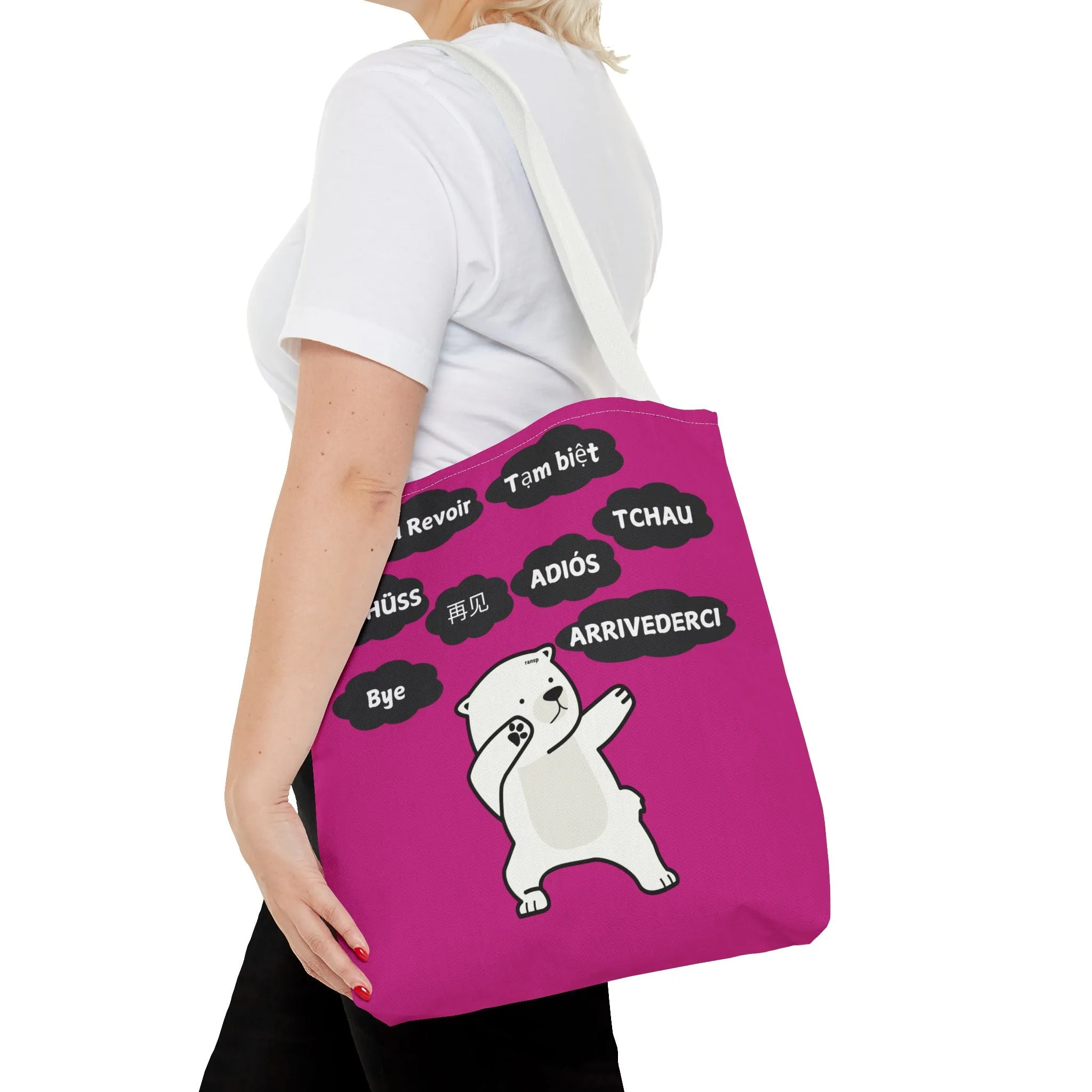 Pink Multilingual Farewell Tote Bag with Dancing Bear Design- Perfect for Friendship Gifts, Bag for Shopping, Everyday Shopping bag