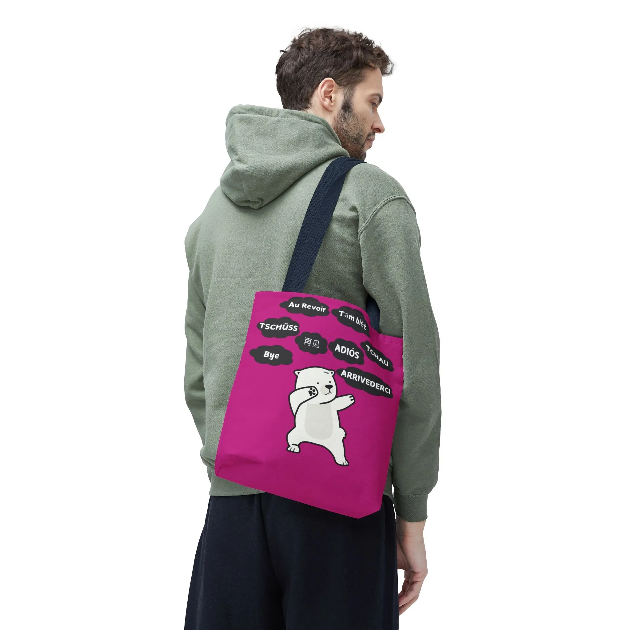 Pink Multilingual Farewell Tote Bag with Dancing Bear Design- Perfect for Friendship Gifts, Bag for Shopping, Everyday Shopping bag