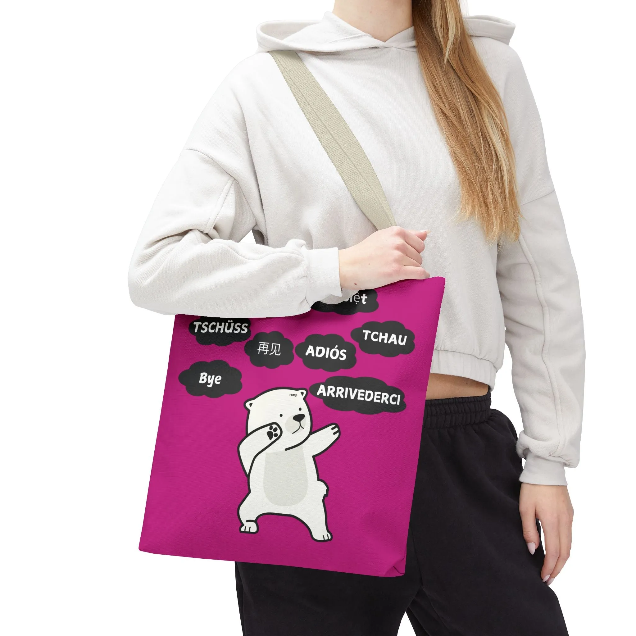 Pink Multilingual Farewell Tote Bag with Dancing Bear Design- Perfect for Friendship Gifts, Bag for Shopping, Everyday Shopping bag