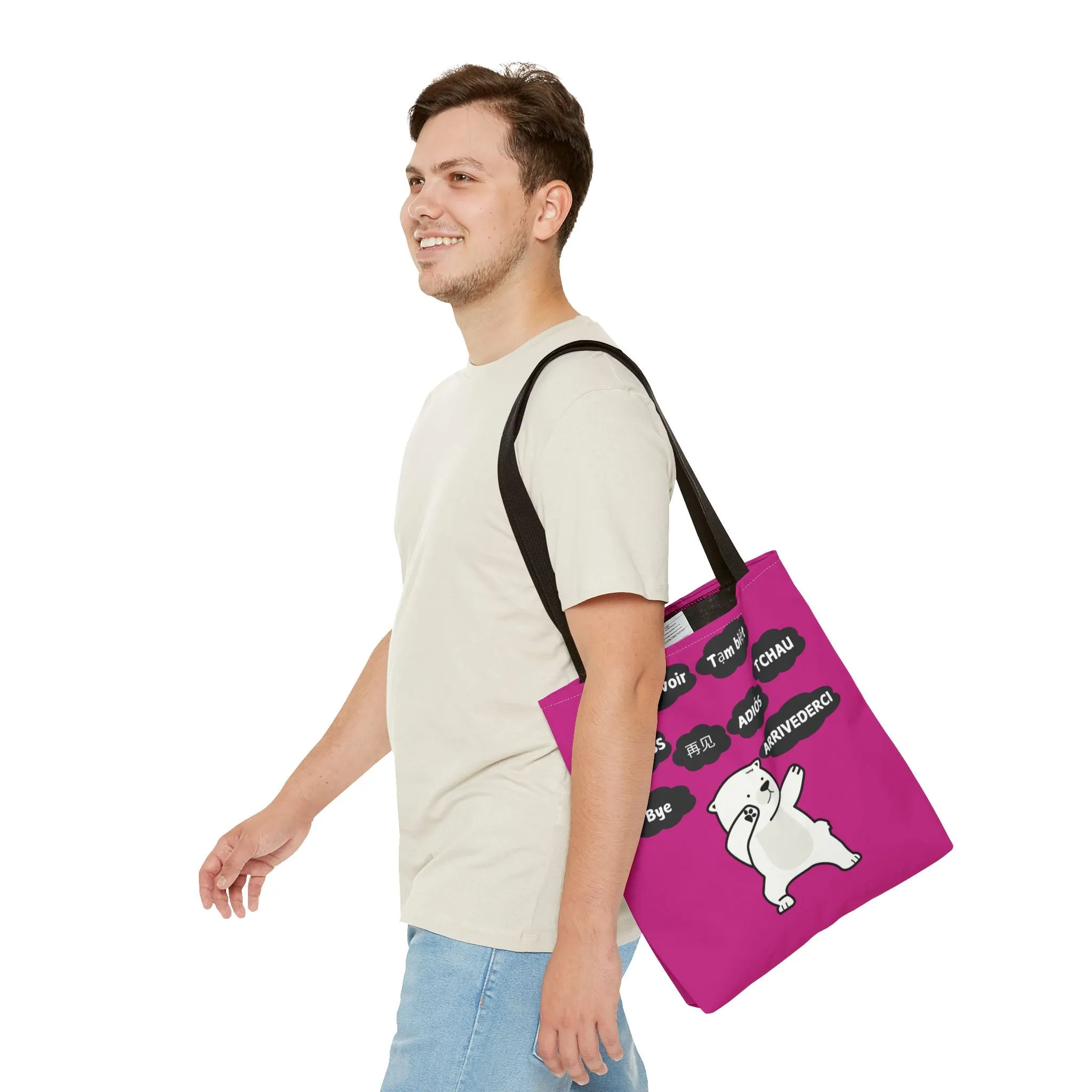 Pink Multilingual Farewell Tote Bag with Dancing Bear Design- Perfect for Friendship Gifts, Bag for Shopping, Everyday Shopping bag