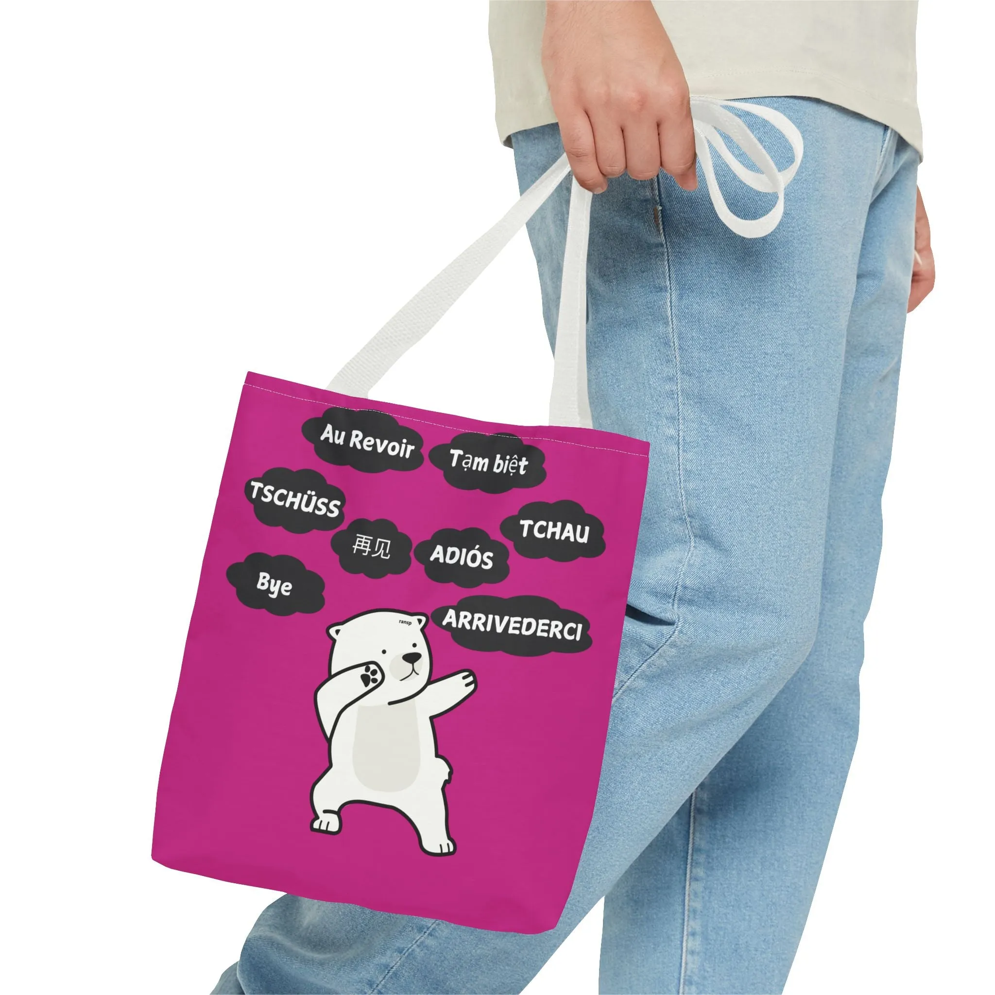Pink Multilingual Farewell Tote Bag with Dancing Bear Design- Perfect for Friendship Gifts, Bag for Shopping, Everyday Shopping bag