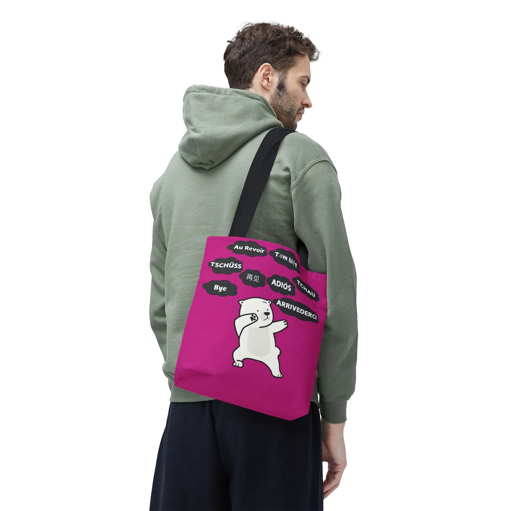 Pink Multilingual Farewell Tote Bag with Dancing Bear Design- Perfect for Friendship Gifts, Bag for Shopping, Everyday Shopping bag