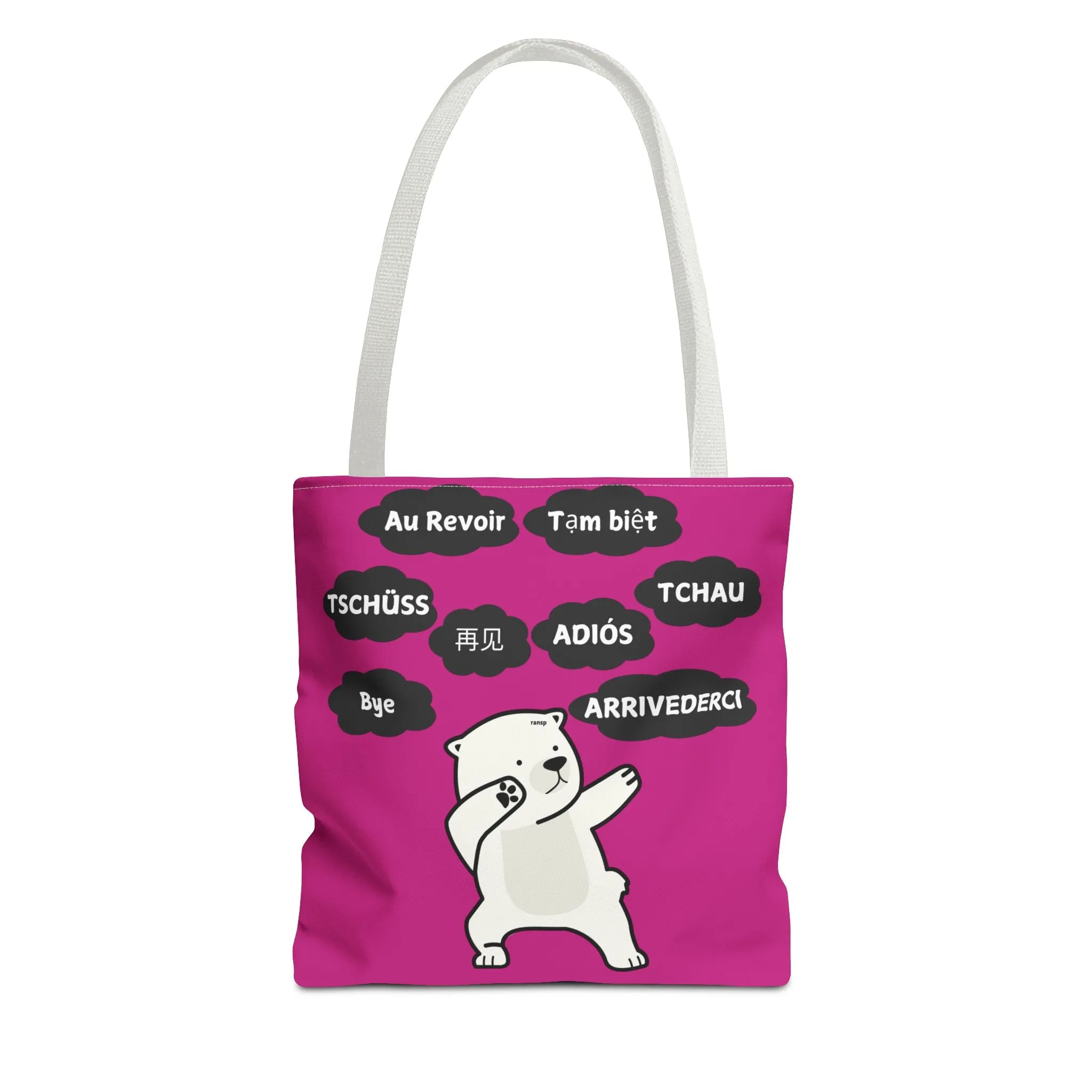 Pink Multilingual Farewell Tote Bag with Dancing Bear Design- Perfect for Friendship Gifts, Bag for Shopping, Everyday Shopping bag