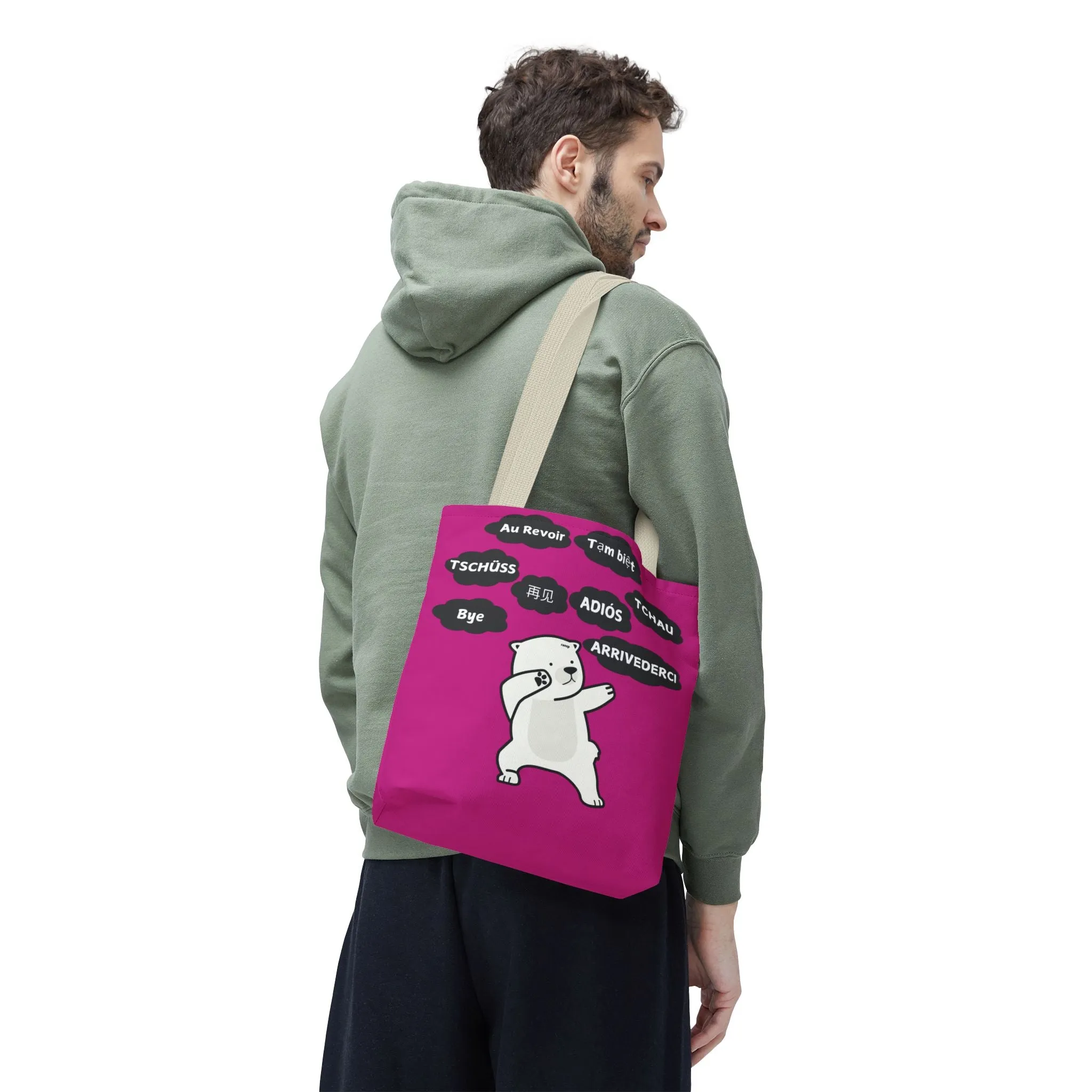 Pink Multilingual Farewell Tote Bag with Dancing Bear Design- Perfect for Friendship Gifts, Bag for Shopping, Everyday Shopping bag