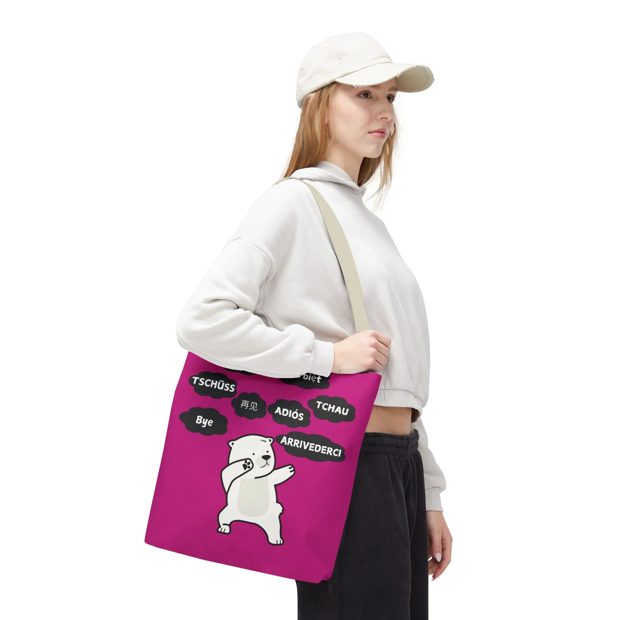 Pink Multilingual Farewell Tote Bag with Dancing Bear Design- Perfect for Friendship Gifts, Bag for Shopping, Everyday Shopping bag