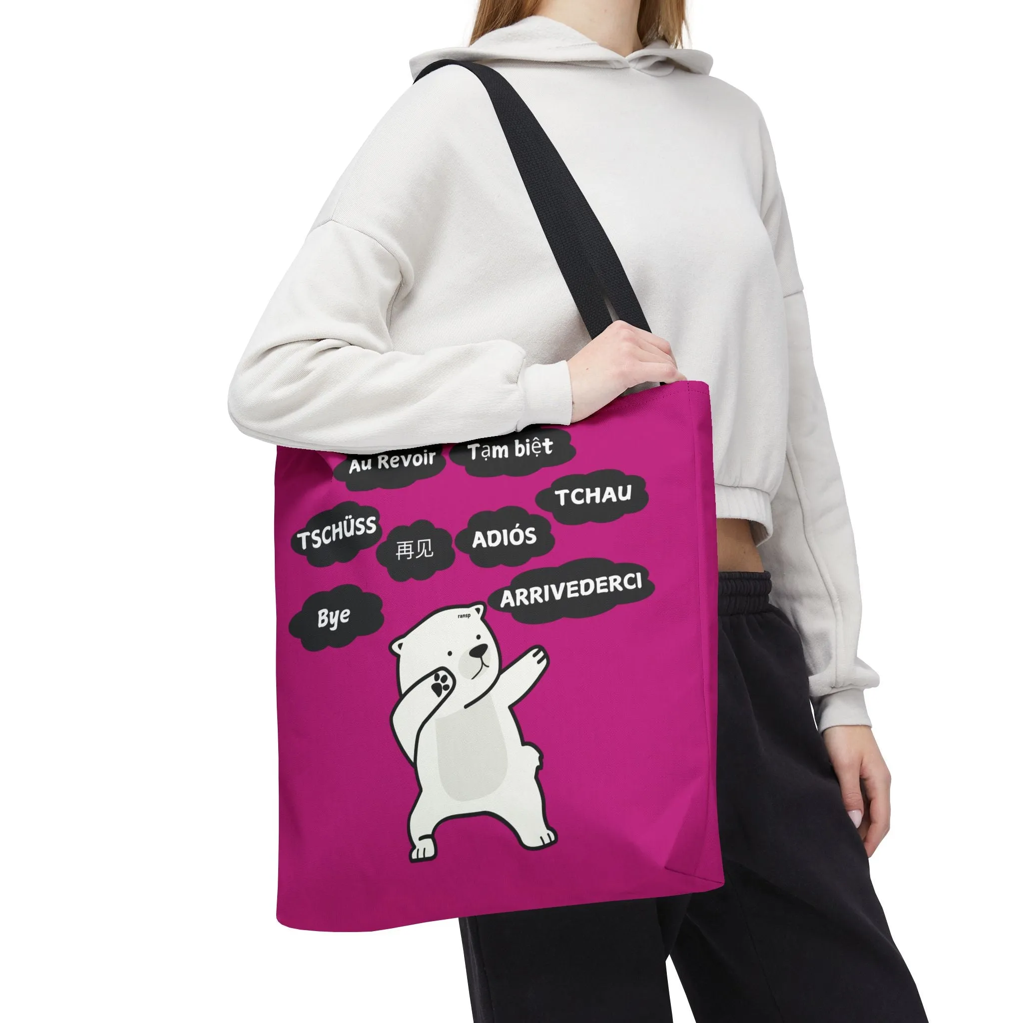 Pink Multilingual Farewell Tote Bag with Dancing Bear Design- Perfect for Friendship Gifts, Bag for Shopping, Everyday Shopping bag