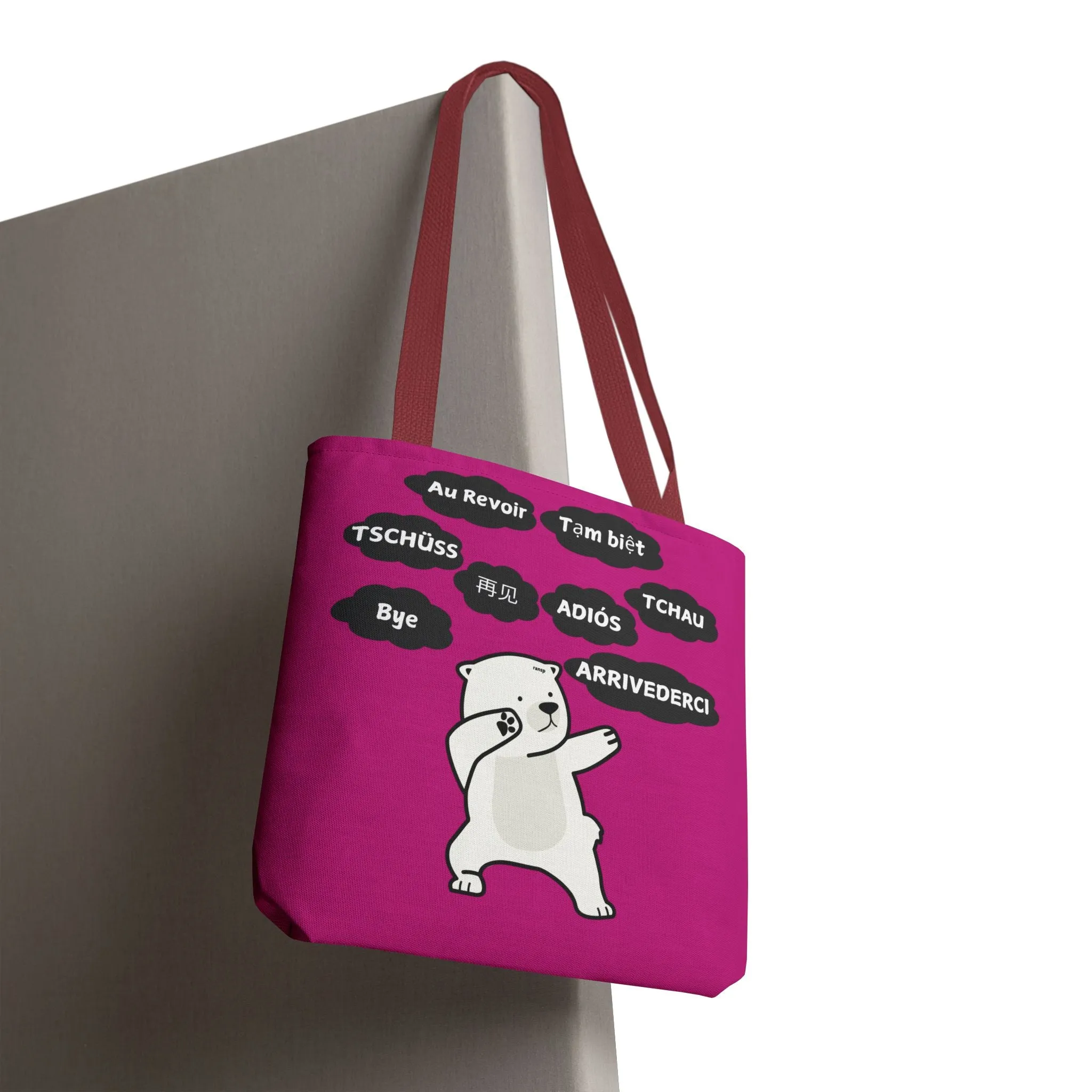 Pink Multilingual Farewell Tote Bag with Dancing Bear Design- Perfect for Friendship Gifts, Bag for Shopping, Everyday Shopping bag