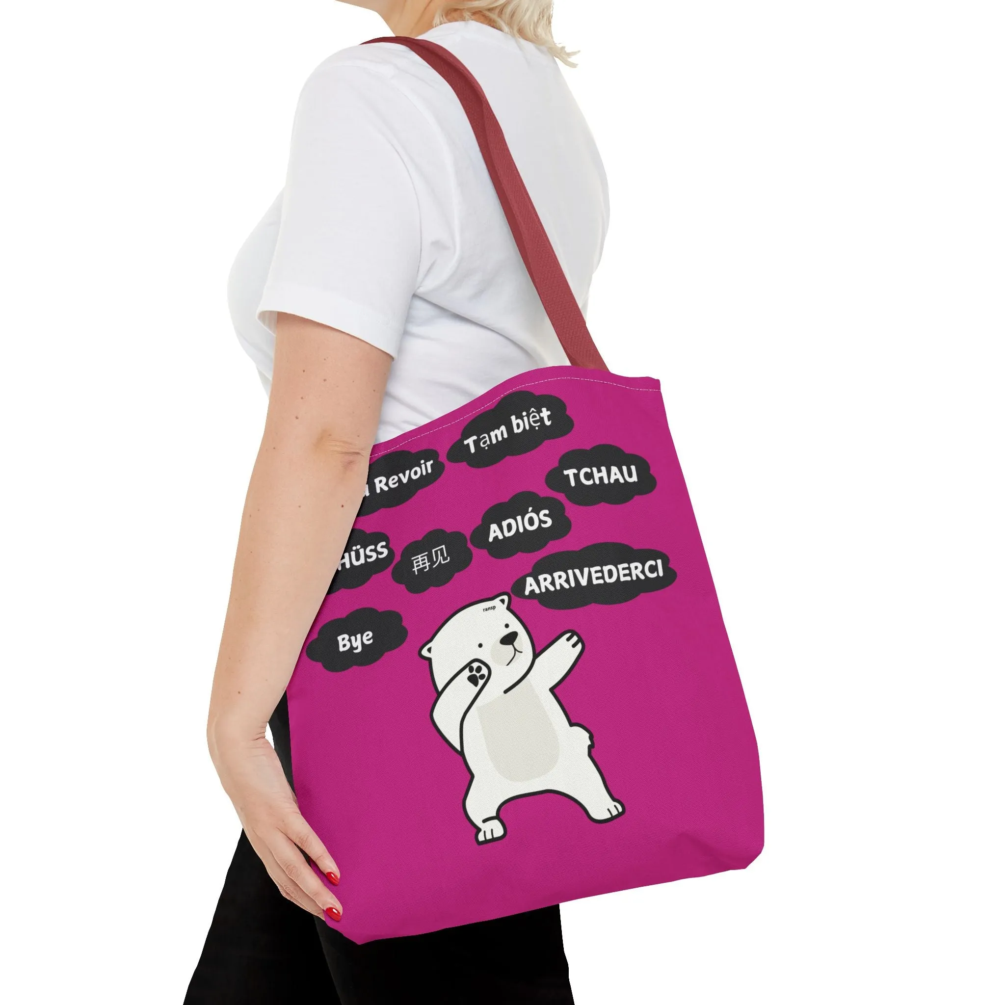 Pink Multilingual Farewell Tote Bag with Dancing Bear Design- Perfect for Friendship Gifts, Bag for Shopping, Everyday Shopping bag