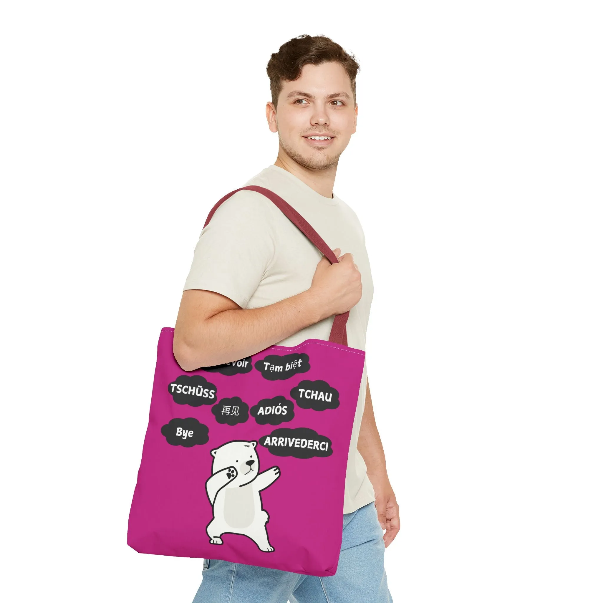 Pink Multilingual Farewell Tote Bag with Dancing Bear Design- Perfect for Friendship Gifts, Bag for Shopping, Everyday Shopping bag