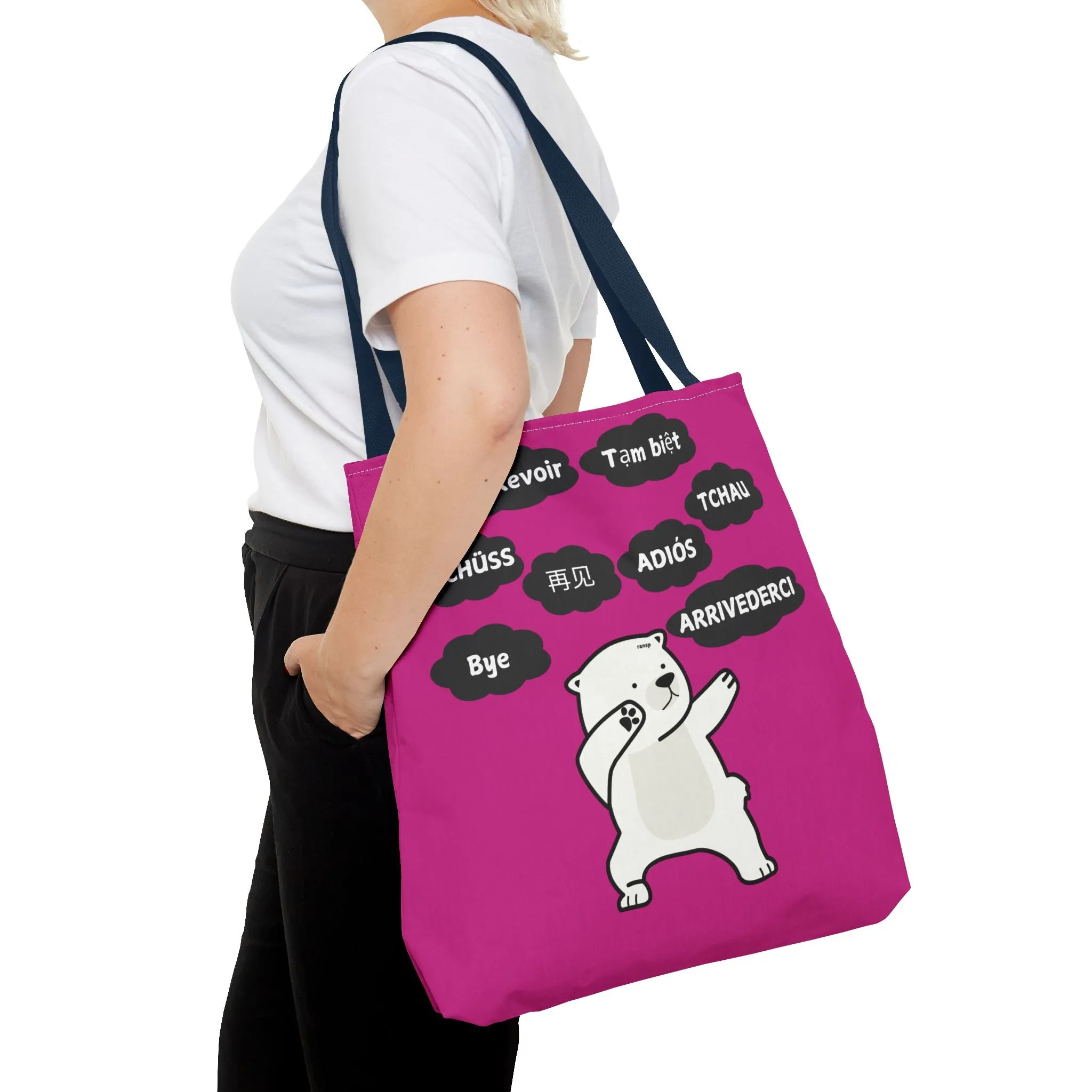 Pink Multilingual Farewell Tote Bag with Dancing Bear Design- Perfect for Friendship Gifts, Bag for Shopping, Everyday Shopping bag