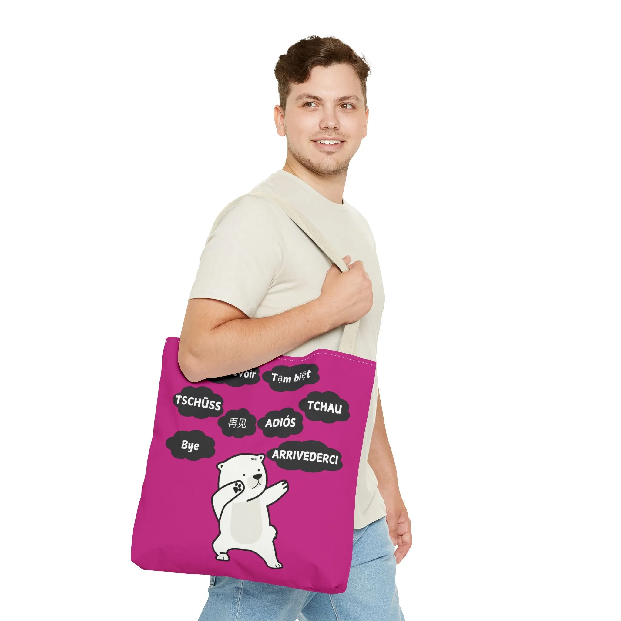 Pink Multilingual Farewell Tote Bag with Dancing Bear Design- Perfect for Friendship Gifts, Bag for Shopping, Everyday Shopping bag