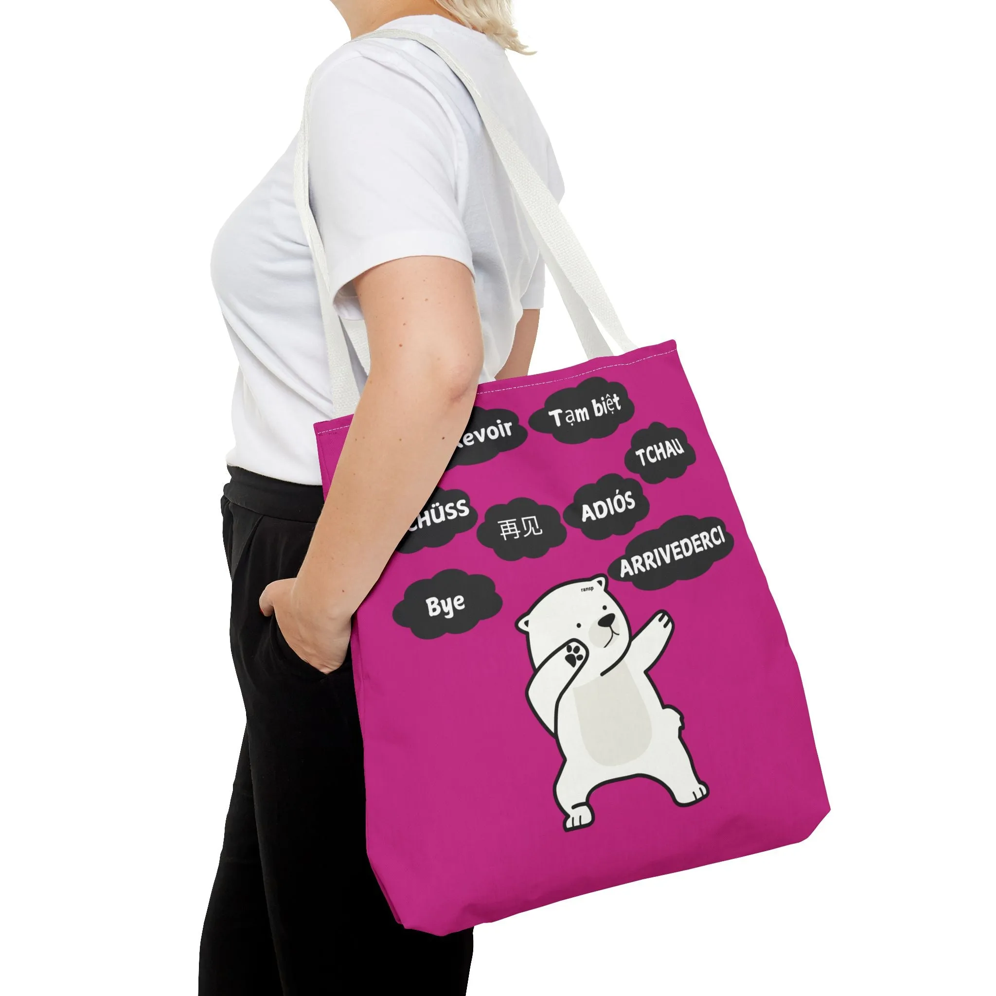 Pink Multilingual Farewell Tote Bag with Dancing Bear Design- Perfect for Friendship Gifts, Bag for Shopping, Everyday Shopping bag