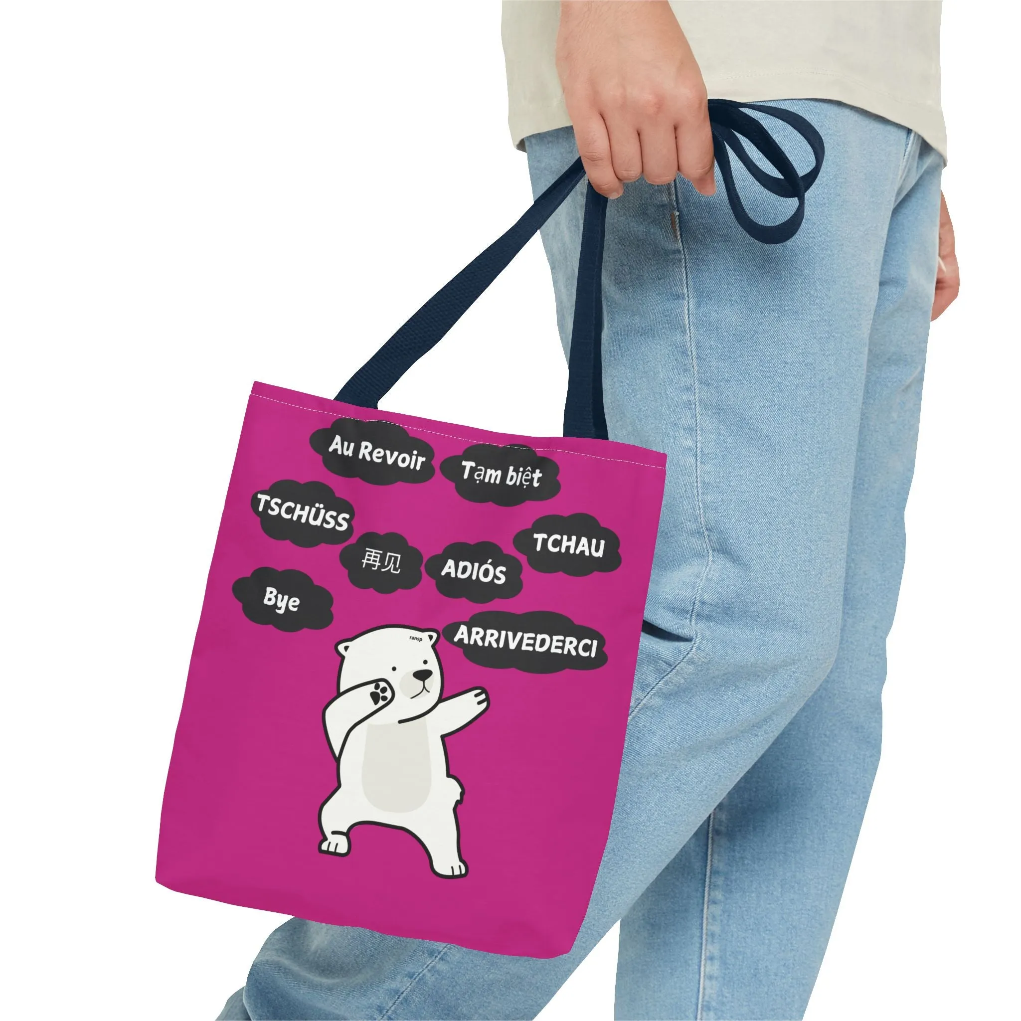 Pink Multilingual Farewell Tote Bag with Dancing Bear Design- Perfect for Friendship Gifts, Bag for Shopping, Everyday Shopping bag