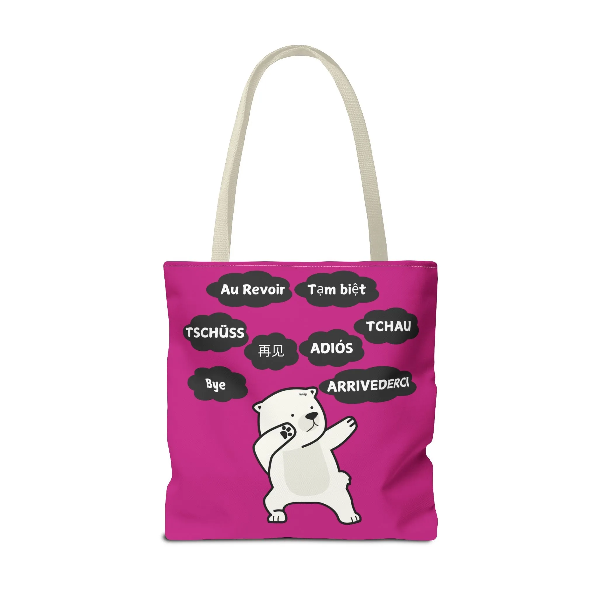 Pink Multilingual Farewell Tote Bag with Dancing Bear Design- Perfect for Friendship Gifts, Bag for Shopping, Everyday Shopping bag
